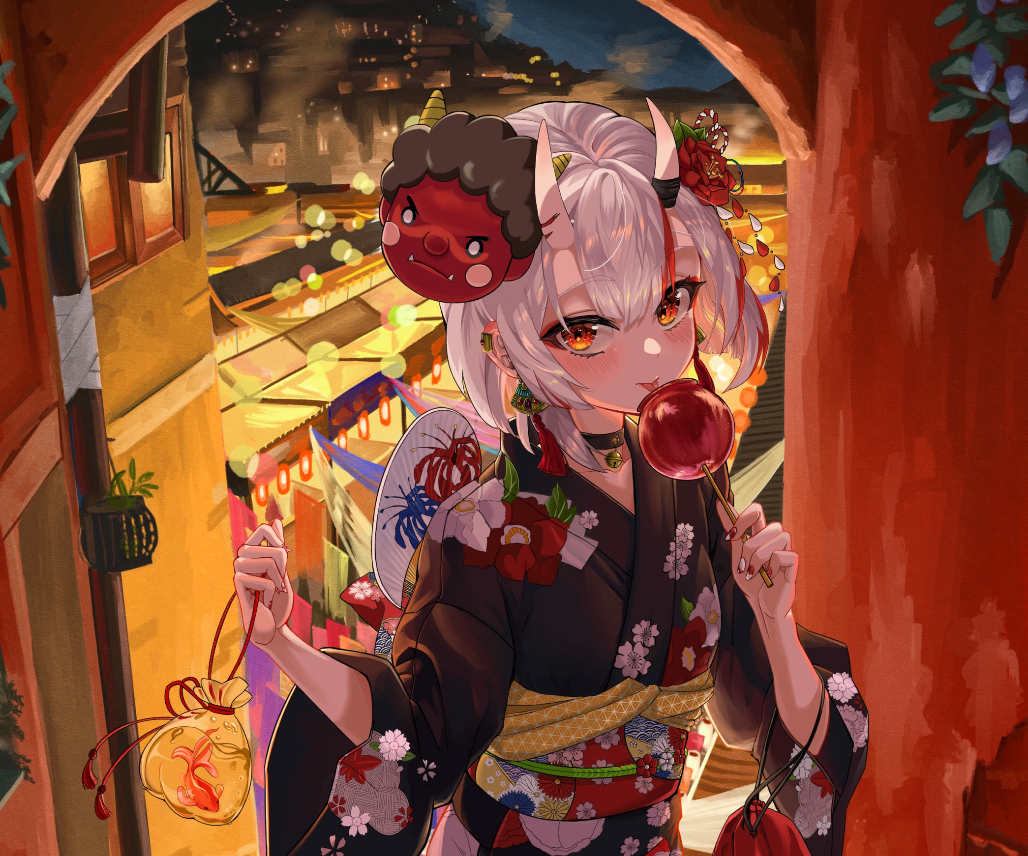 Nakiri Ayame from Hololive eating a candy apple HD Wallpaper