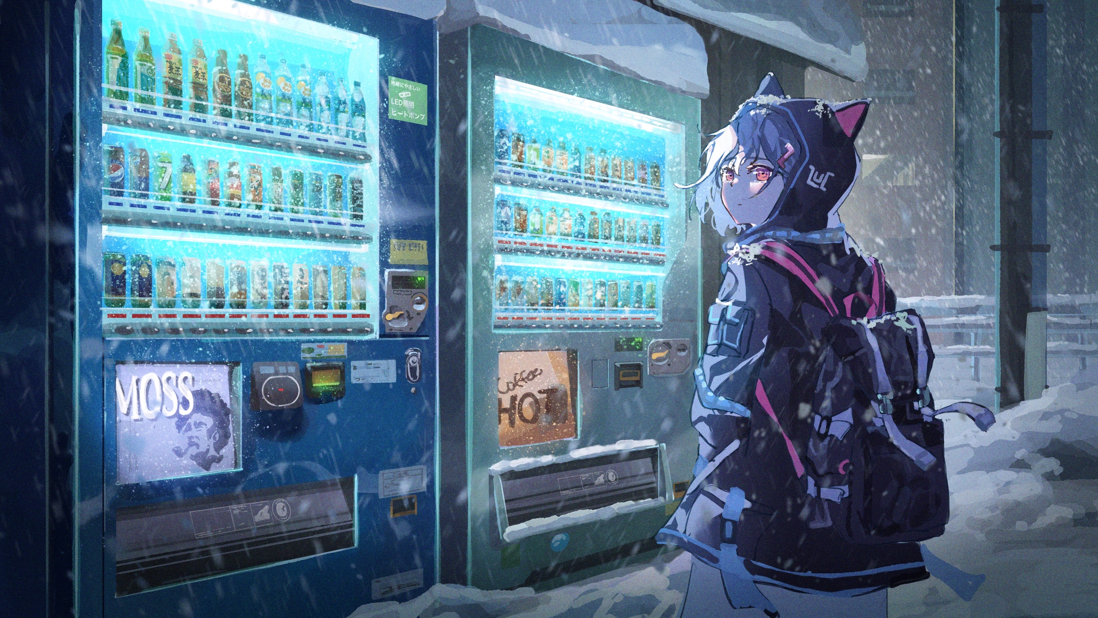 Girl in Snow near Vending Machines 4K HD Wallpaper