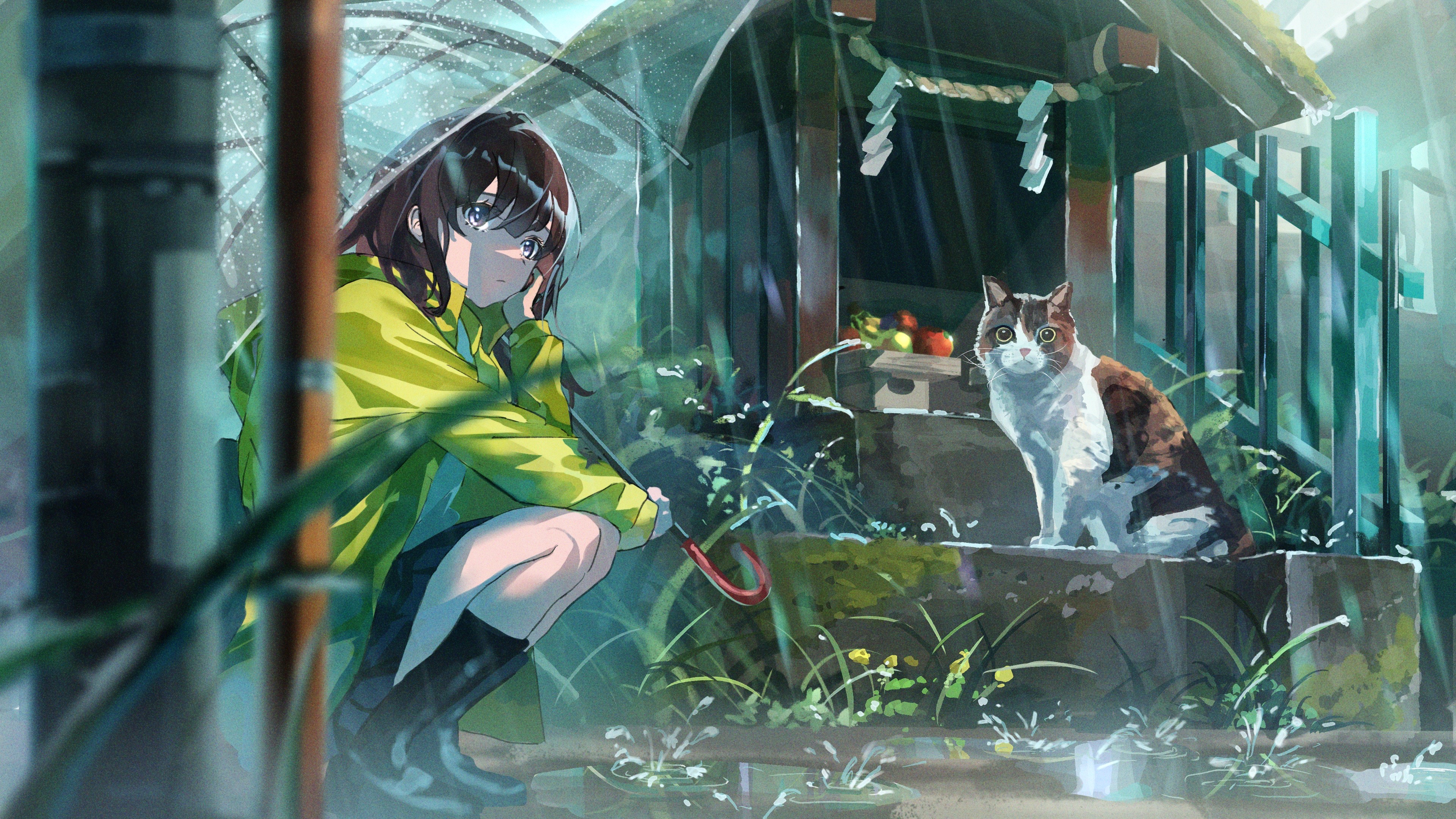 Girl with Umbrella and Cat in Rain HD Wallpaper