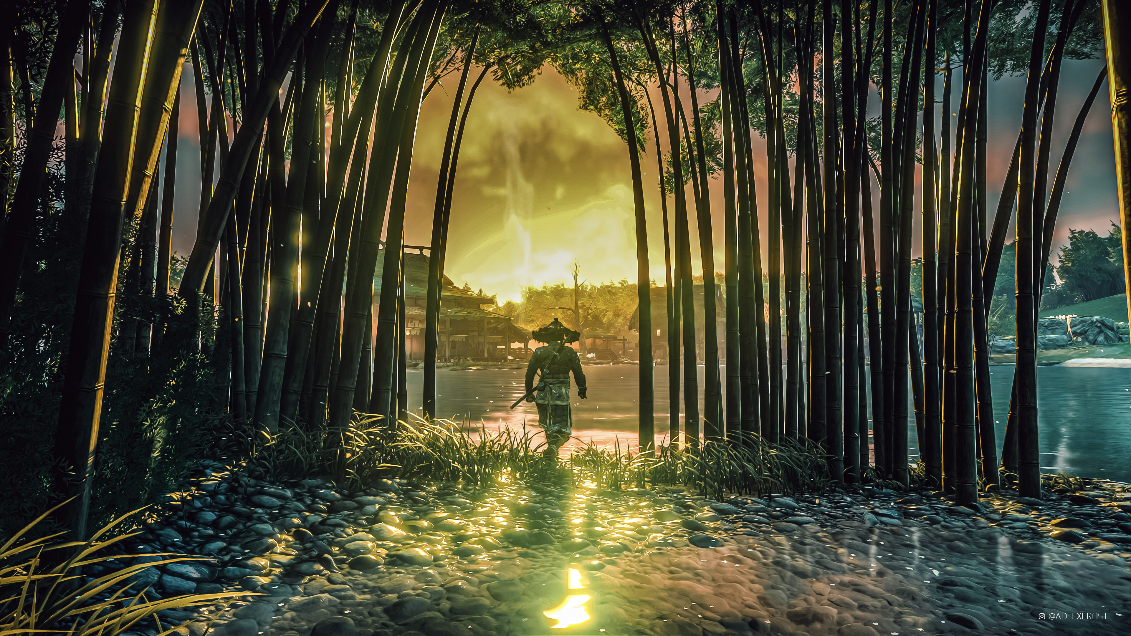 Samurai walking through bamboo forest in Ghost of Tsushima HD Wallpaper