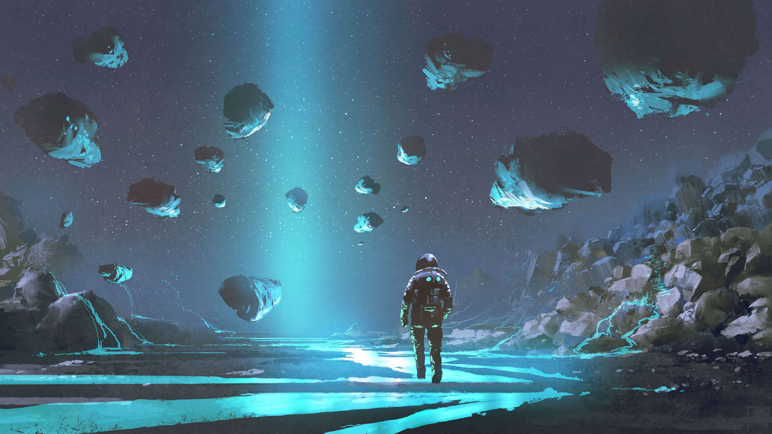 Astronaut on an alien planet with floating rocks HD Wallpaper