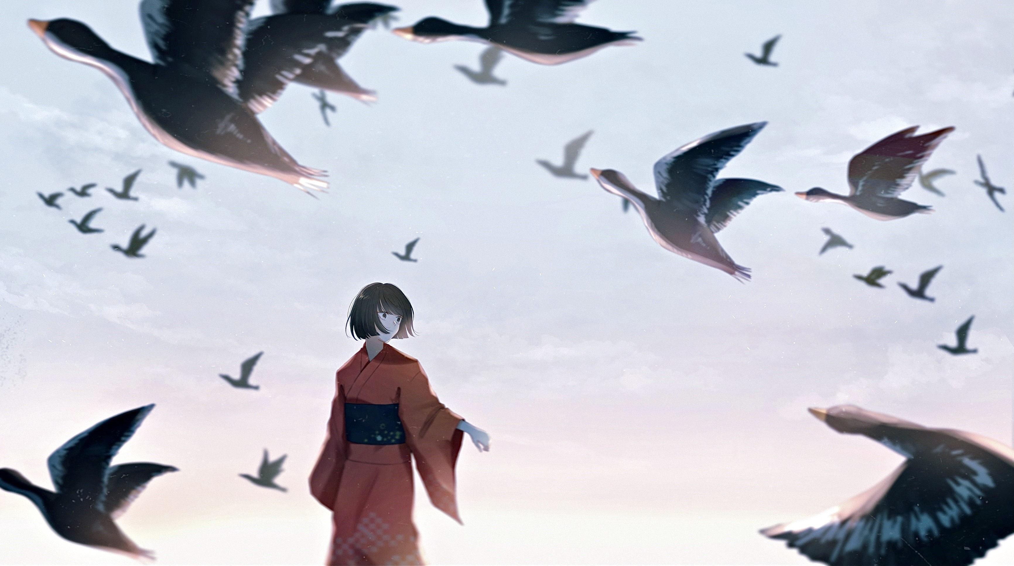 Girl in kimono surrounded by flying birds HD Wallpaper