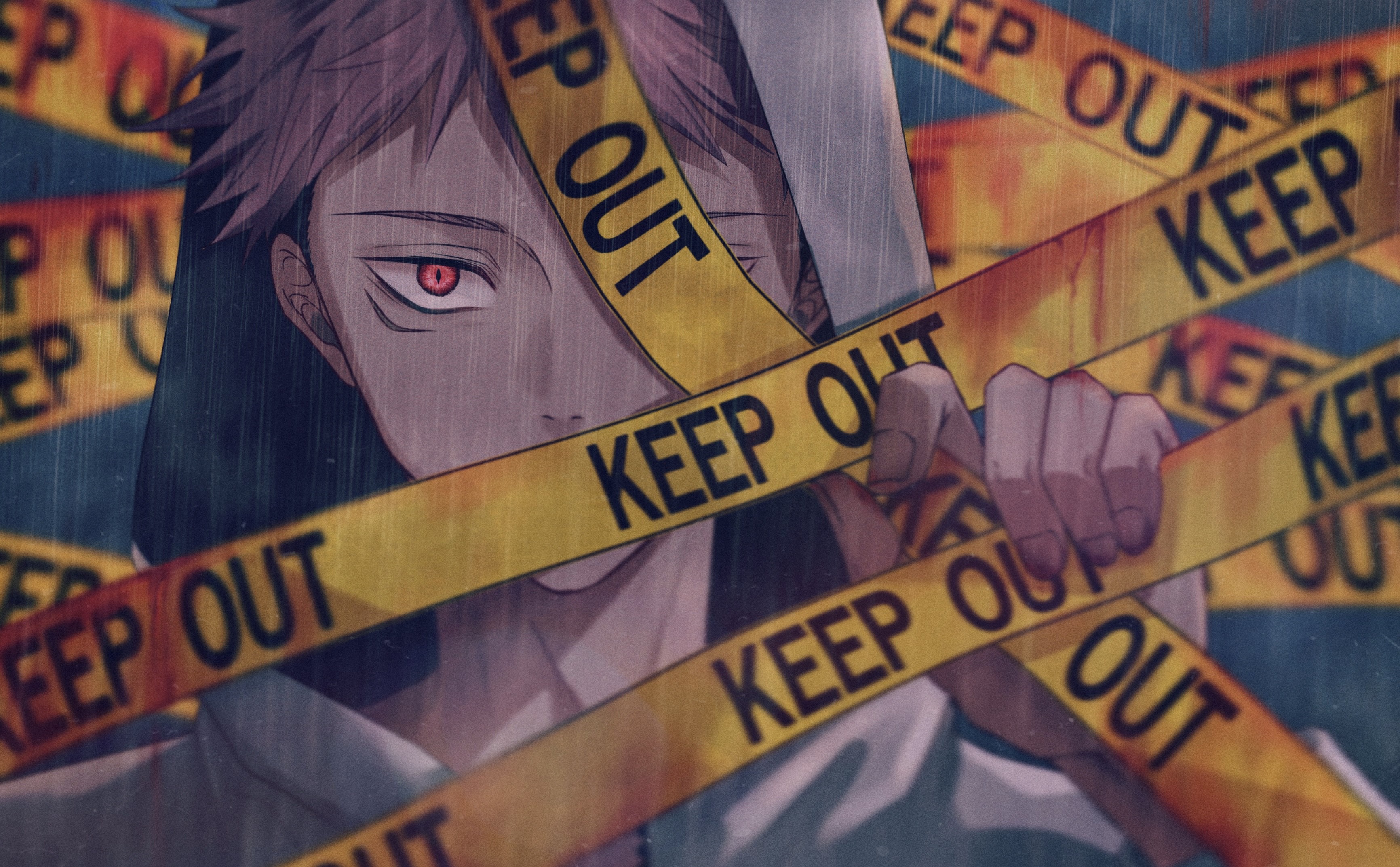 Yuji Itadori from Jujutsu Kaisen behind caution tape HD Wallpaper
