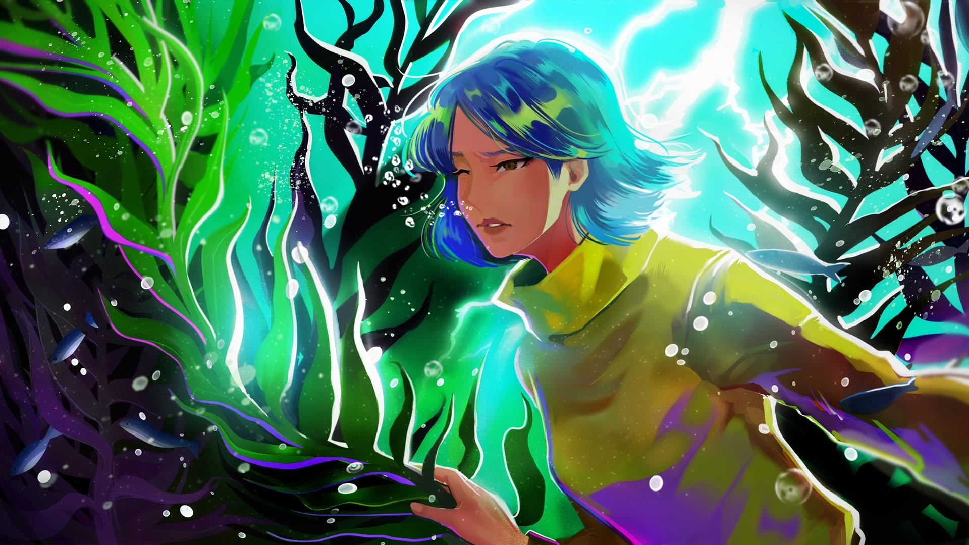 Girl in Yellow Top Underwater with Kelp HD Wallpaper