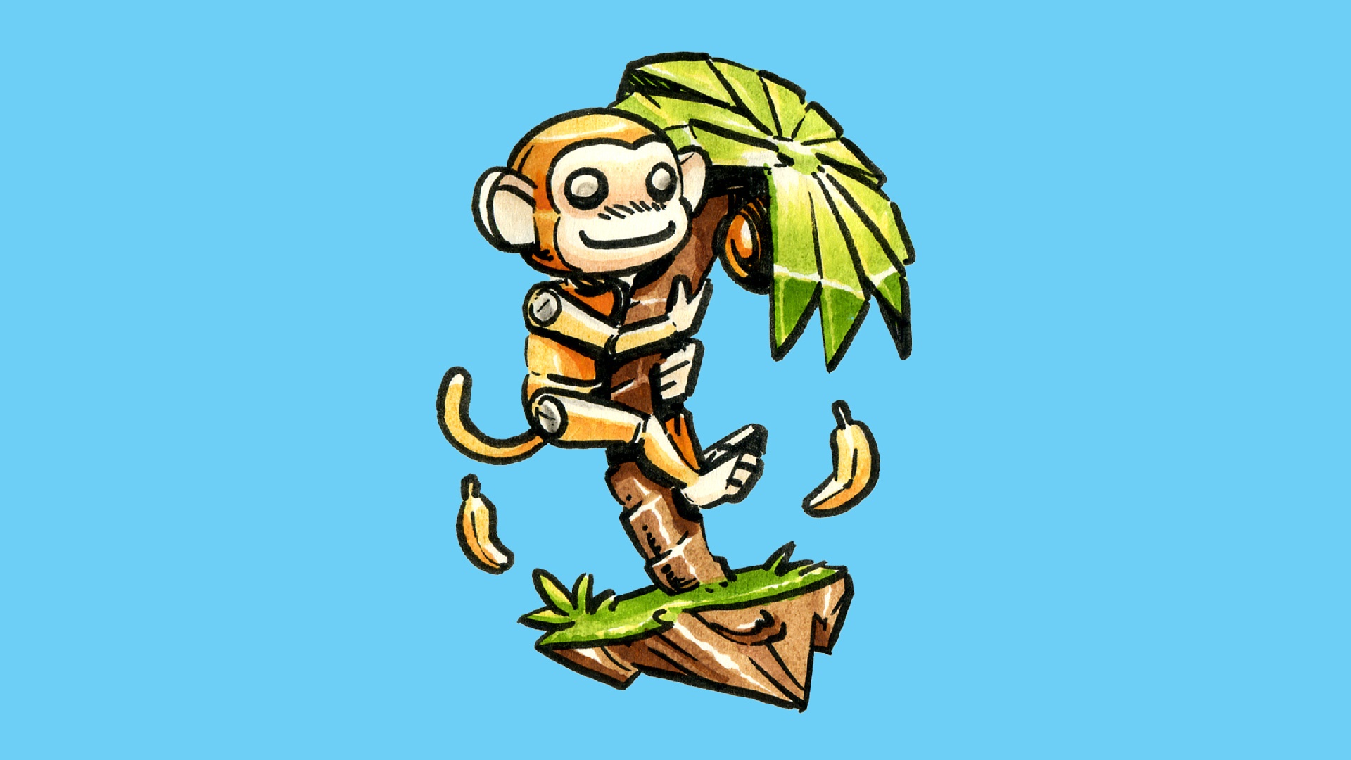 Monkeybot on a palm tree with bananas HD Wallpaper
