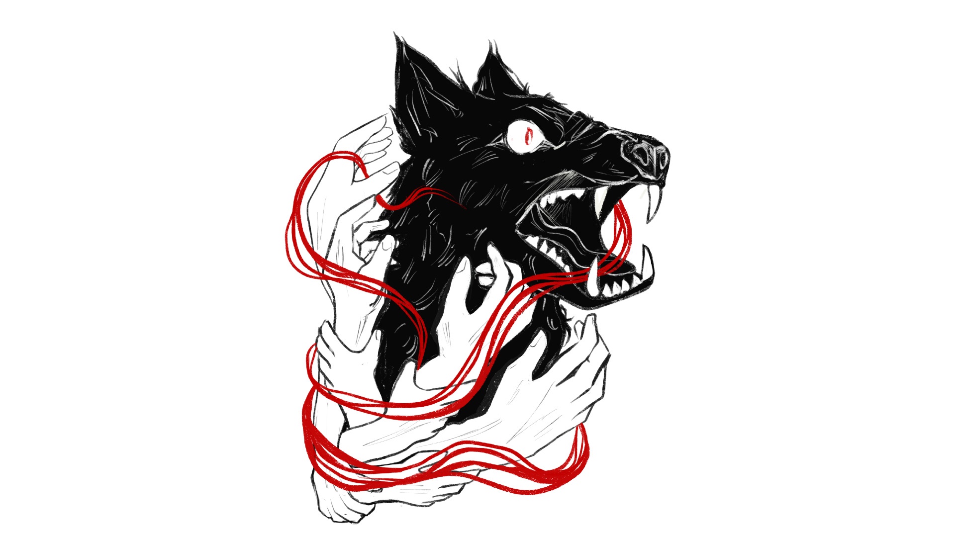 Black wolf head with red string and hands HD Wallpaper