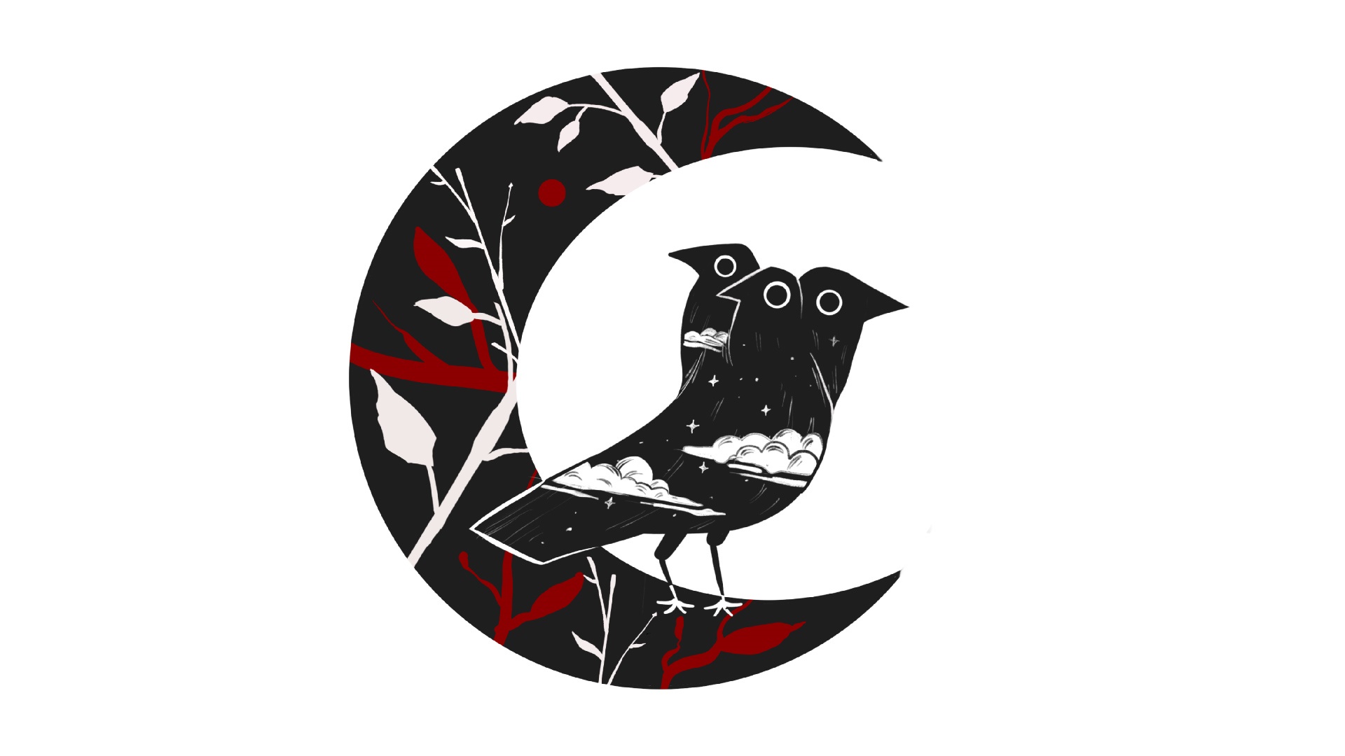 Two-headed bird on a crescent moon with branches HD Wallpaper