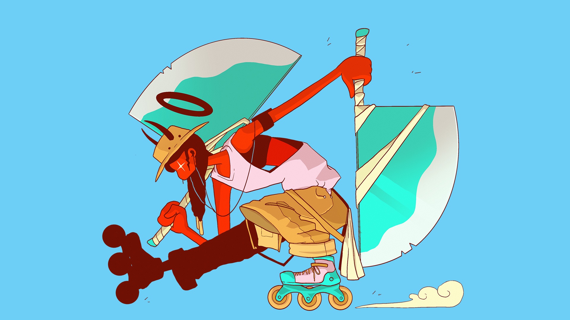 Red demon on roller skates with large blades HD Wallpaper