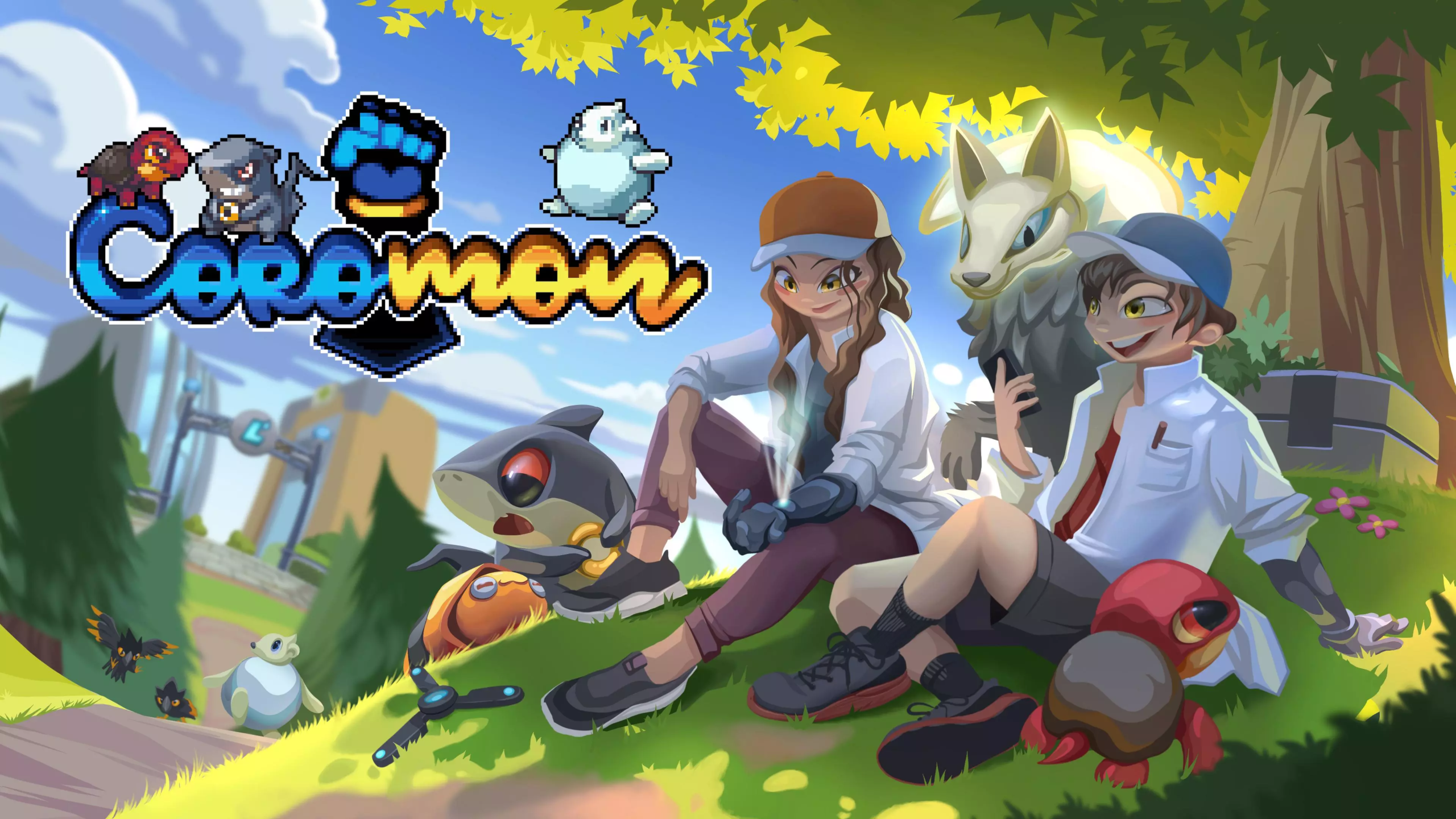 Coromon game art with characters and creatures HD Wallpaper