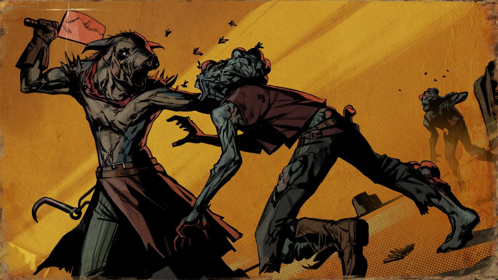 Pig-headed creature attacking a zombie in Weird West HD Wallpaper