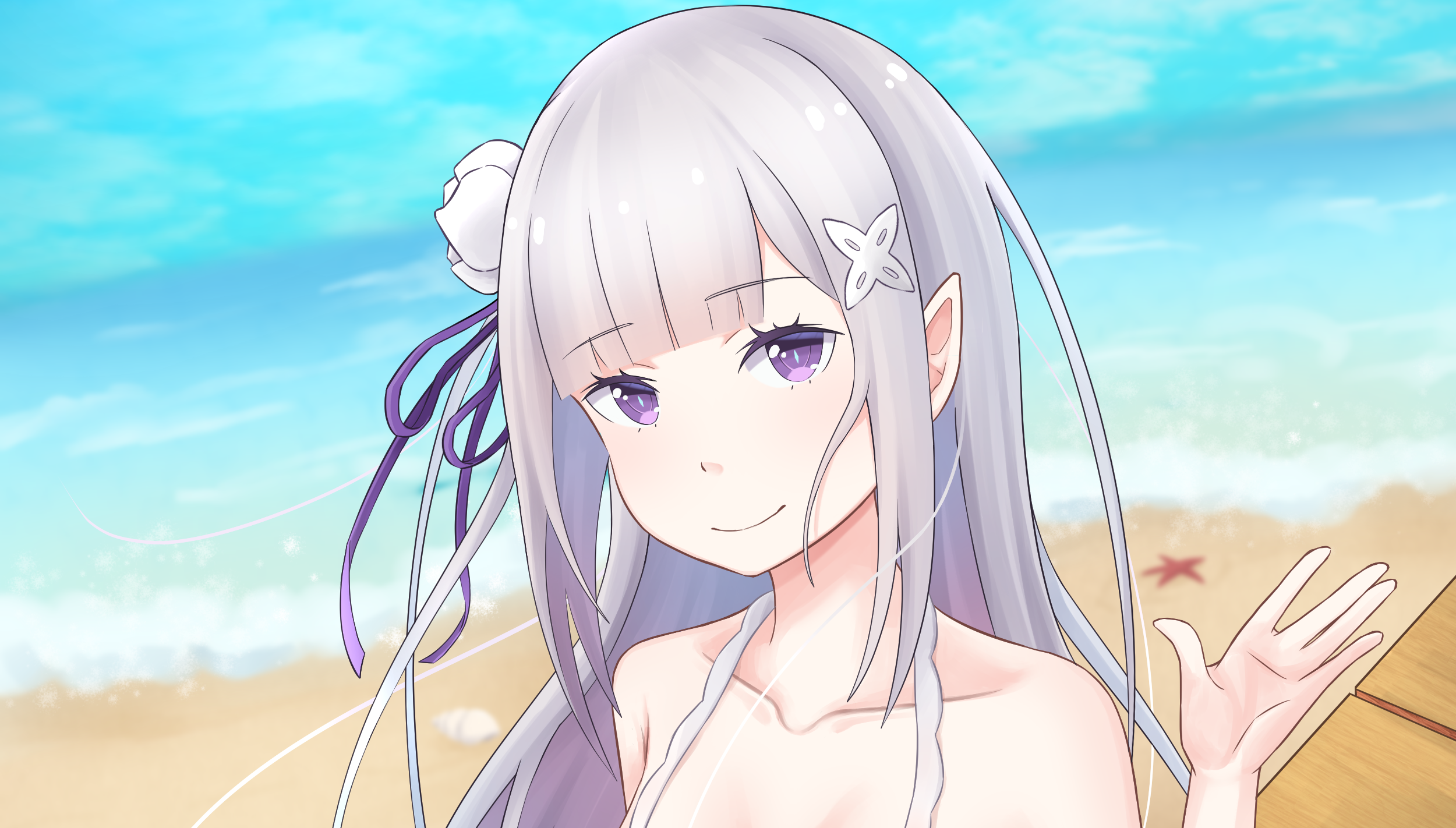 Emilia from Re:ZERO on the beach HD Wallpaper