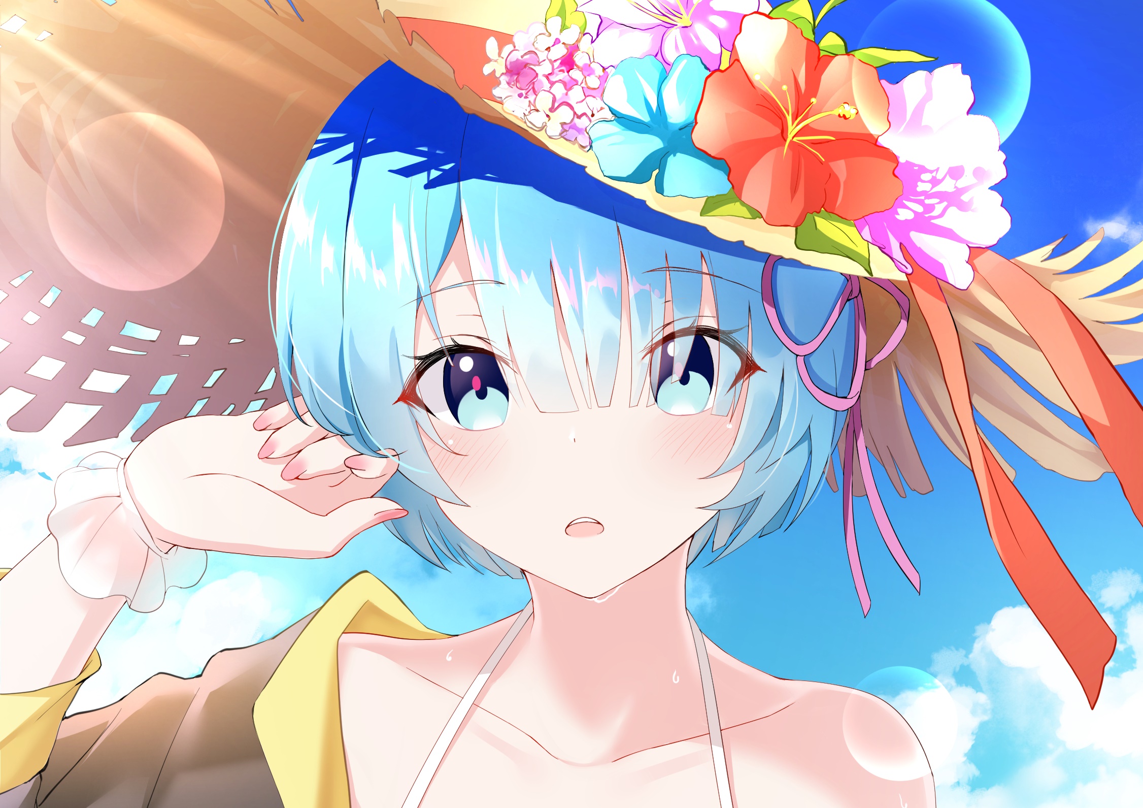 Rem from Re:ZERO in a straw hat HD Wallpaper