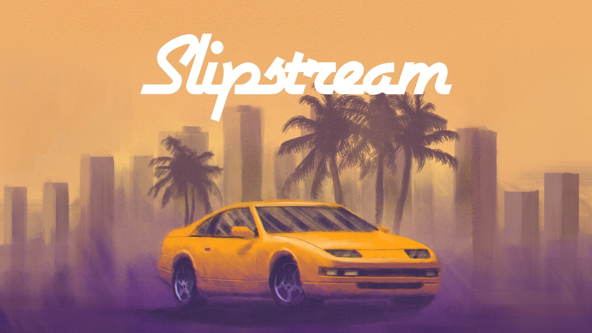 Slipstream car with city and palm trees HD Wallpaper