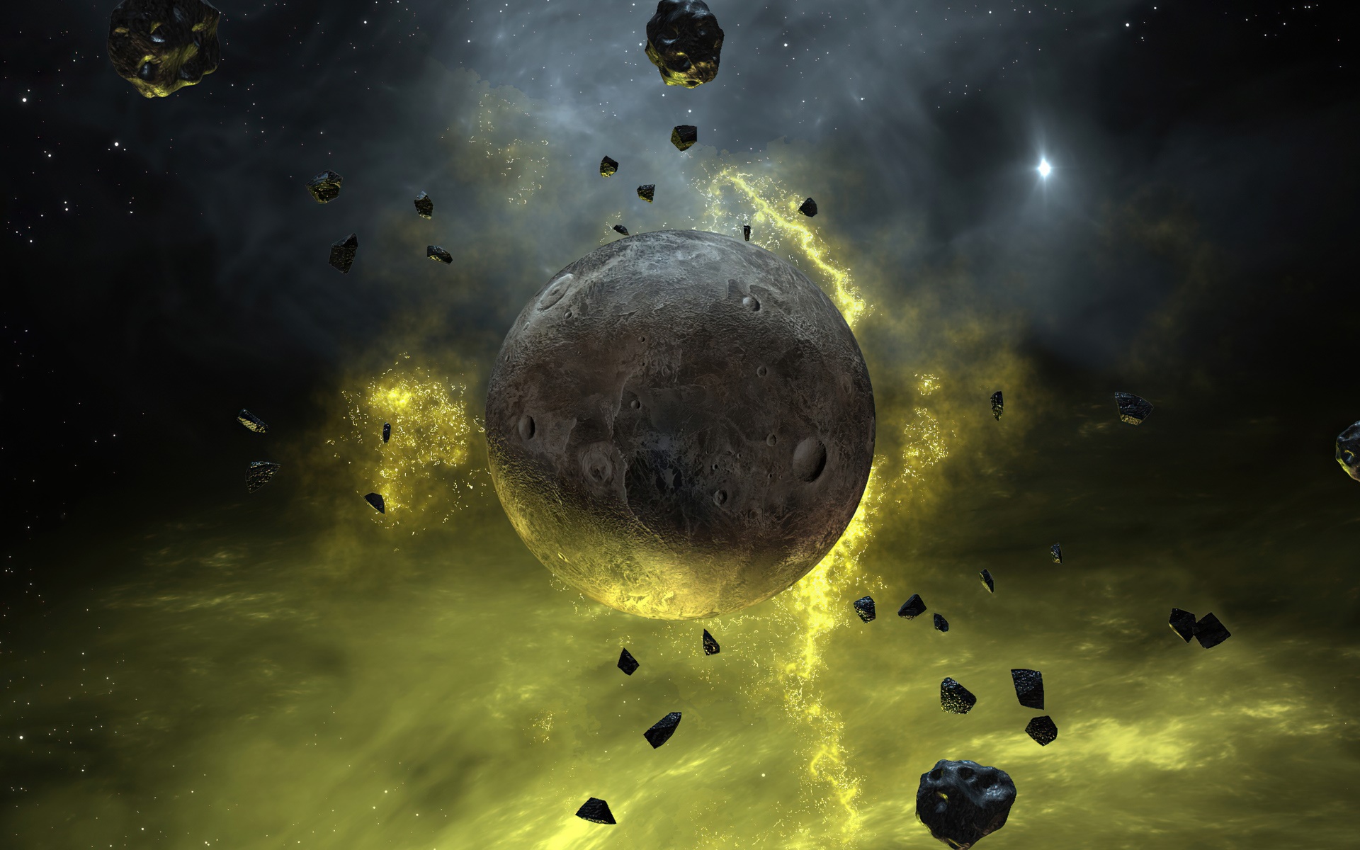 Asteroids and planet in a nebula HD Wallpaper