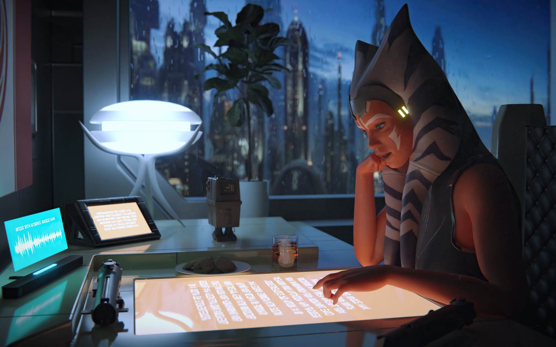 Ahsoka Tano from Star Wars working at a desk HD Wallpaper