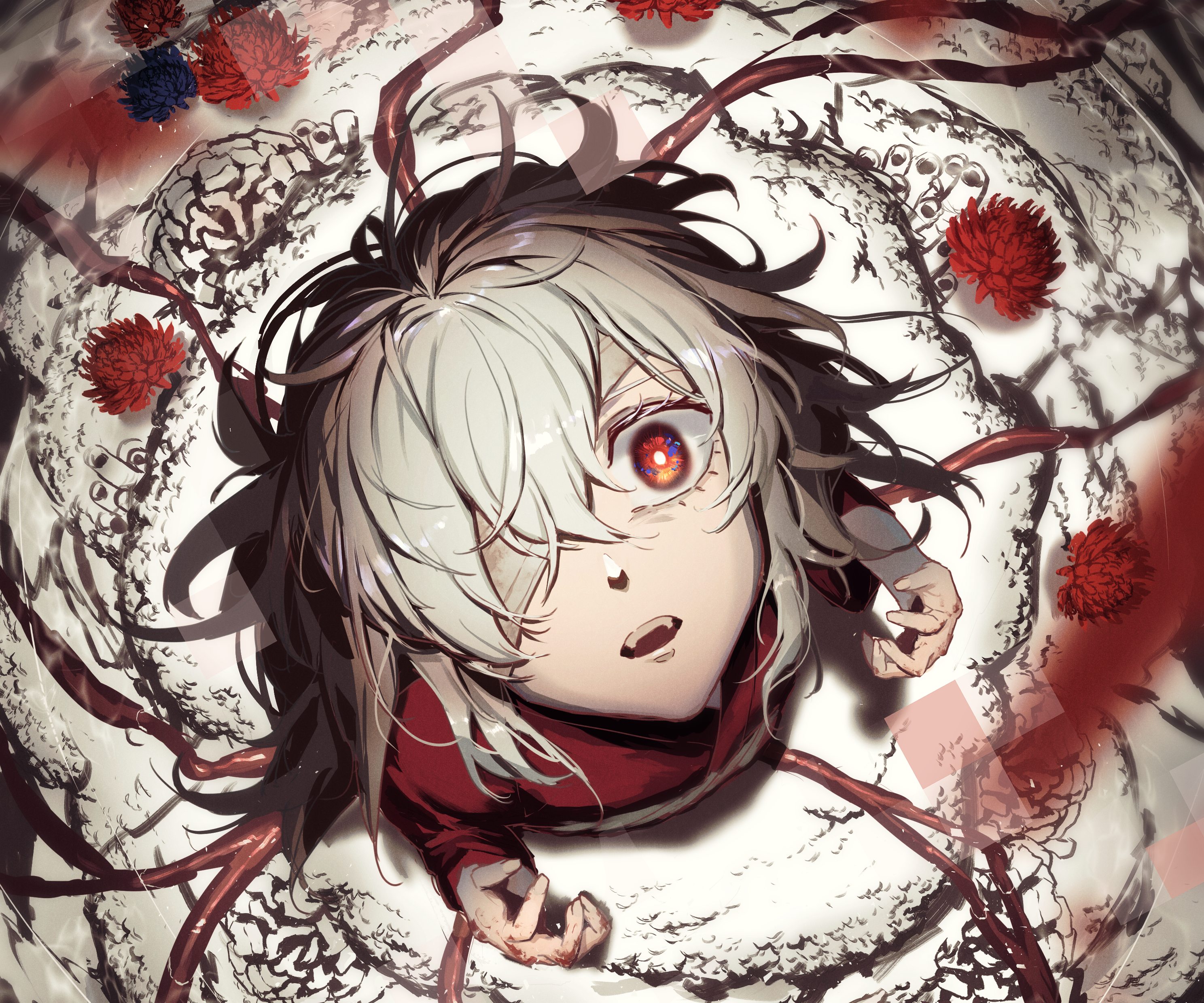 Girl with red eyes and white hair surrounded by vines and flowers HD Wallpaper