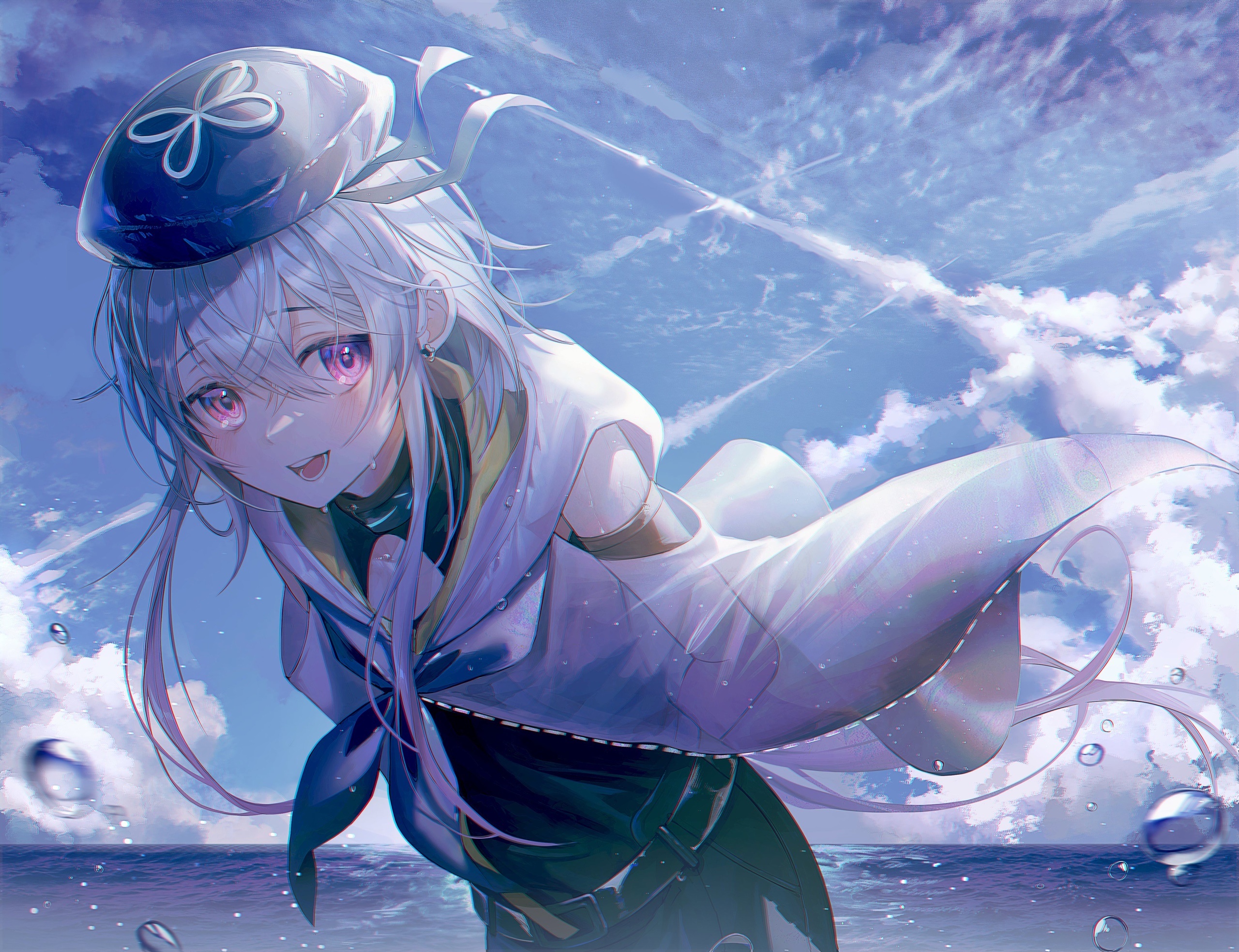 Girl in sailor hat by the sea HD Wallpaper