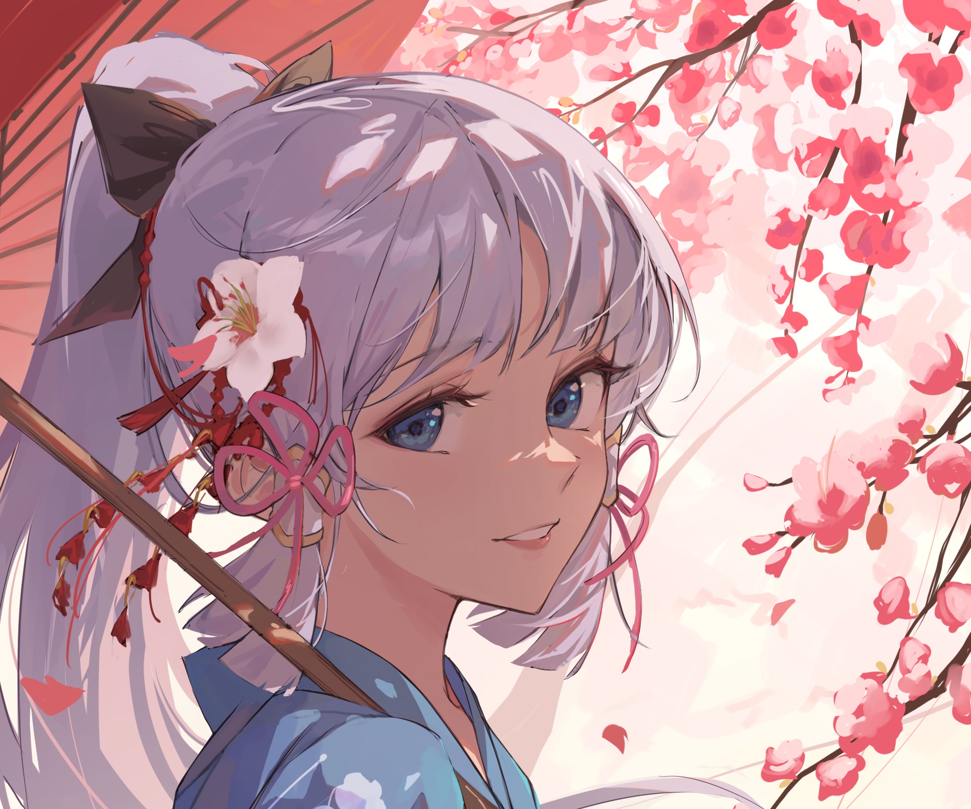 Kamisato Ayaka from Genshin Impact with Cherry Blossoms HD Wallpaper