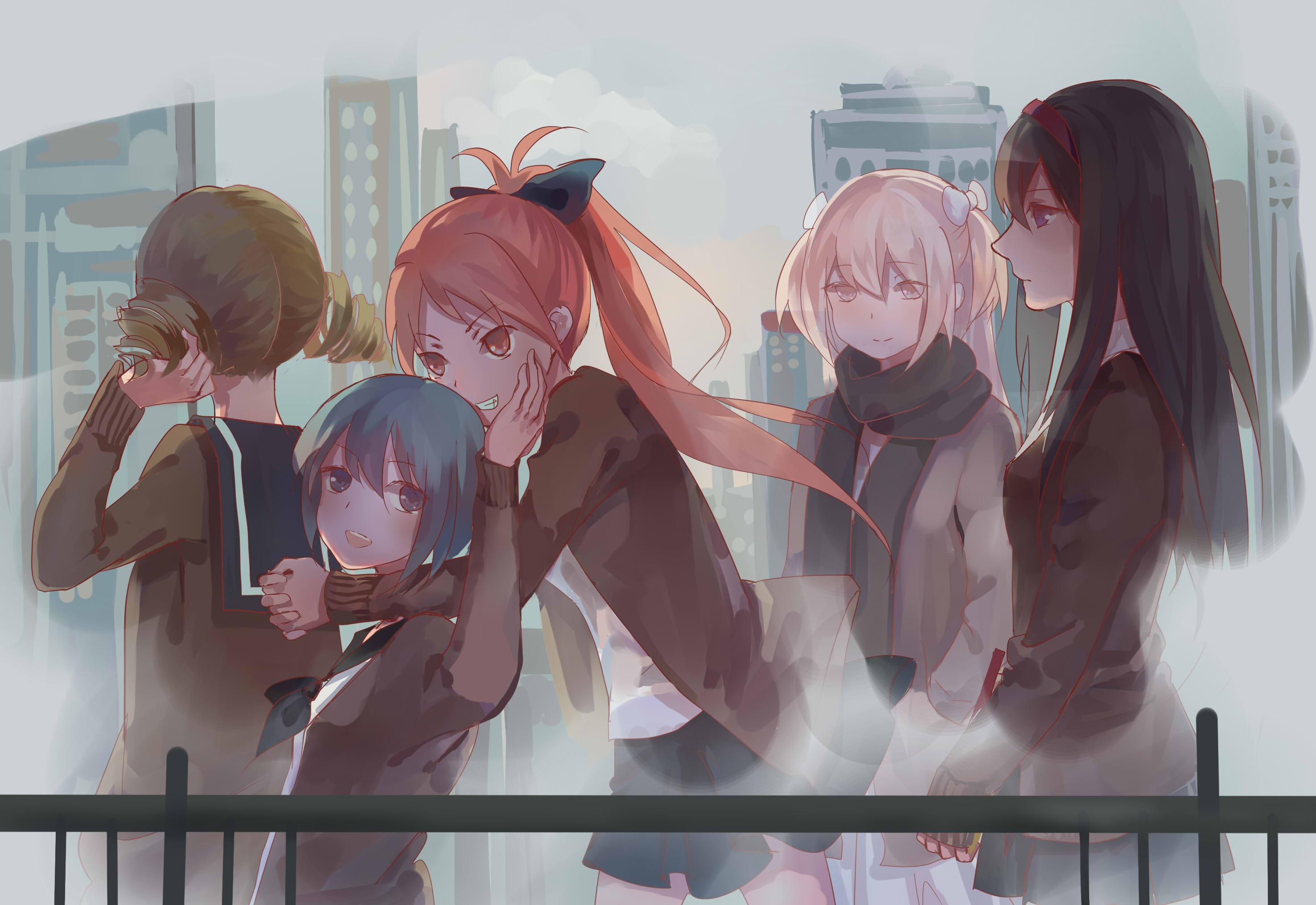 Puella Magi Madoka Magica characters in a city setting HD Wallpaper