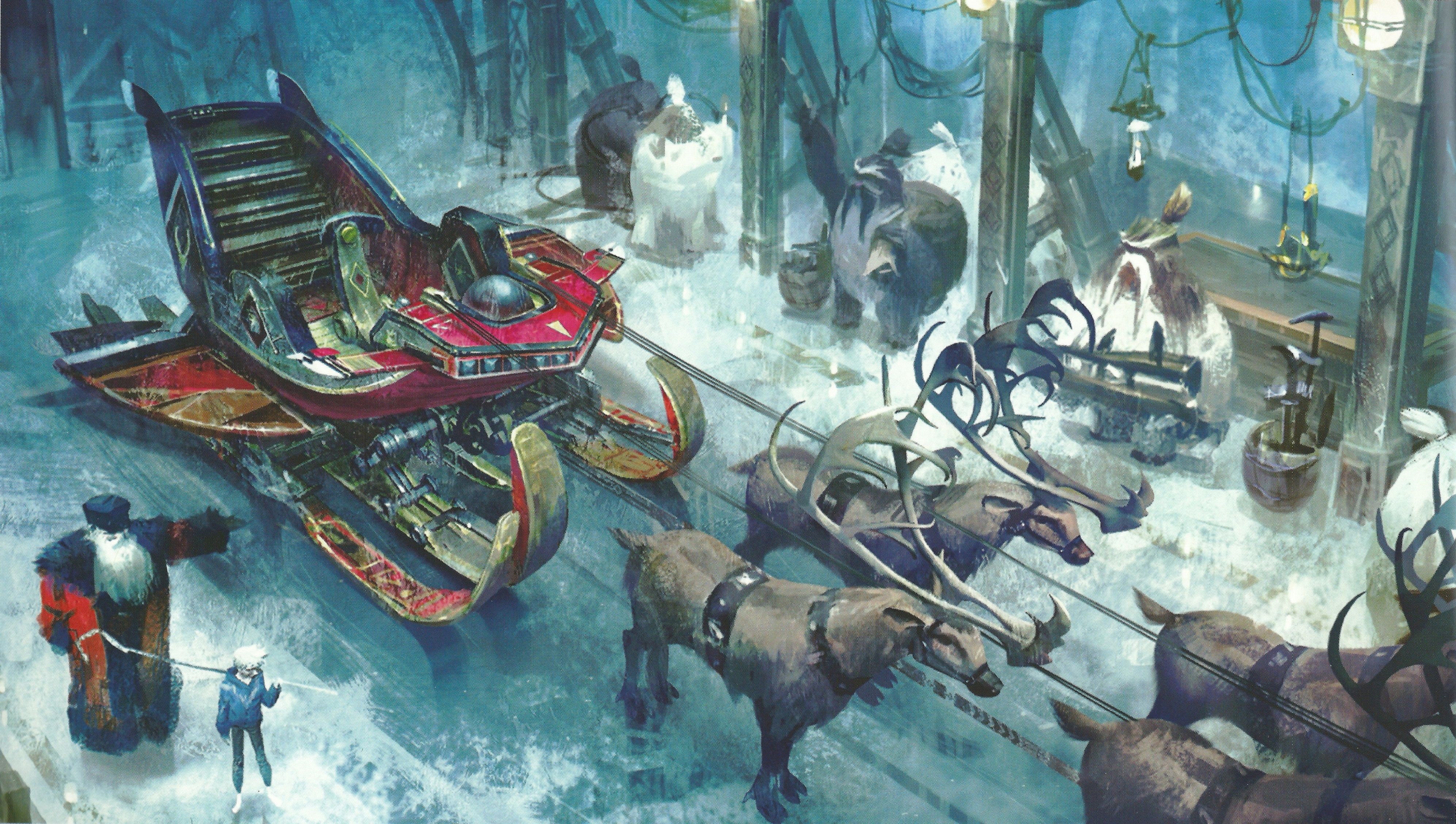 Santa's Sleigh and Reindeer in a Workshop HD Wallpaper