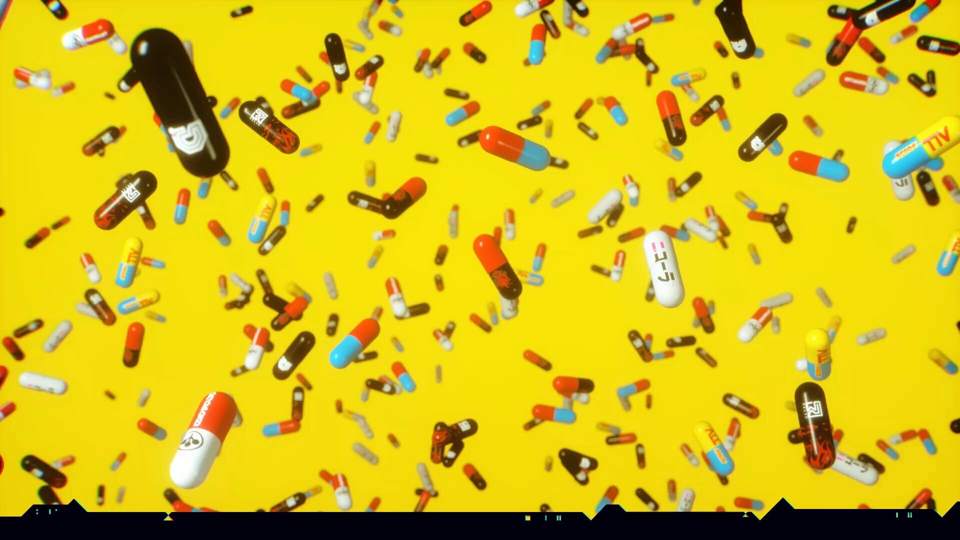 Pills and capsules scattered on a yellow background HD Wallpaper