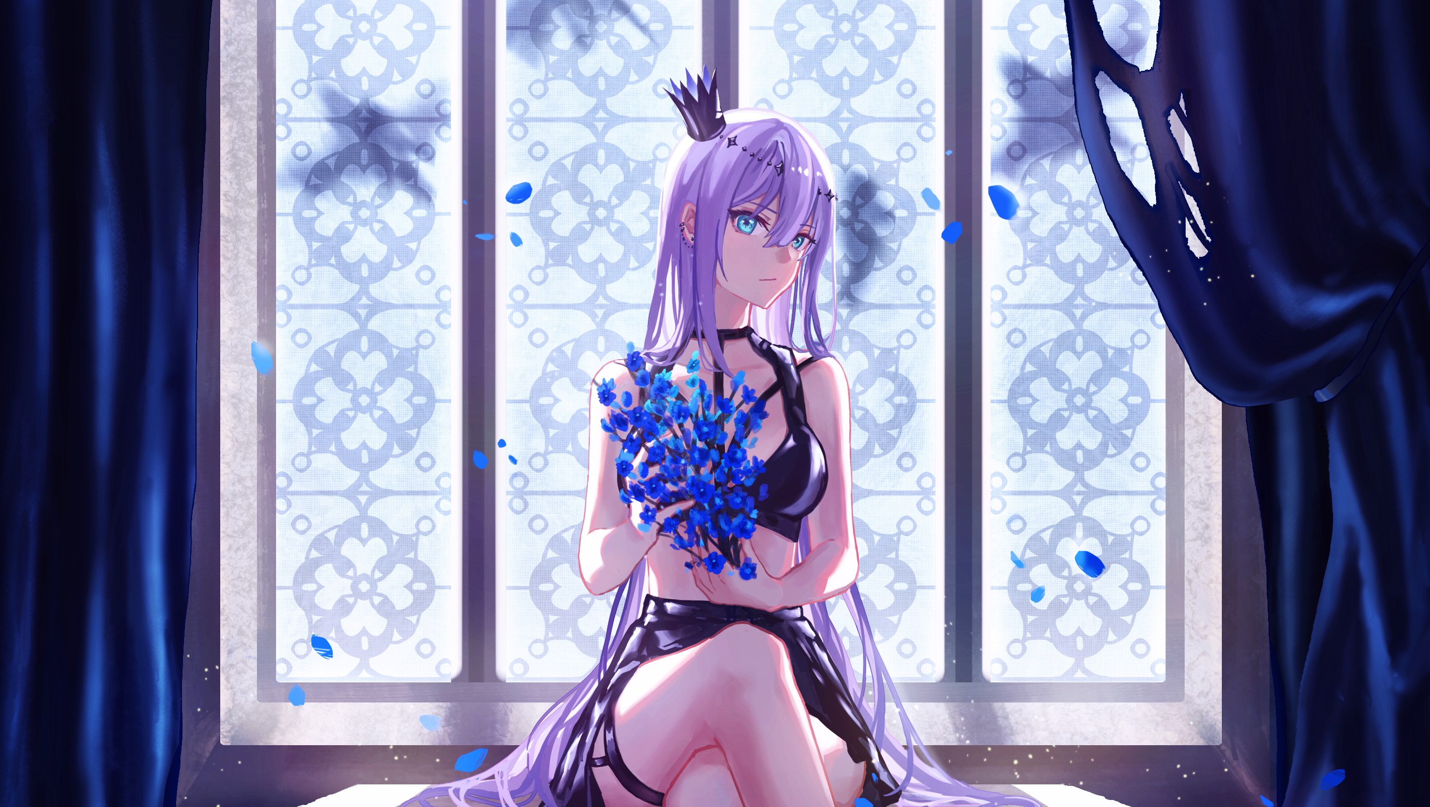 Girl with purple hair holding blue flowers HD Wallpaper