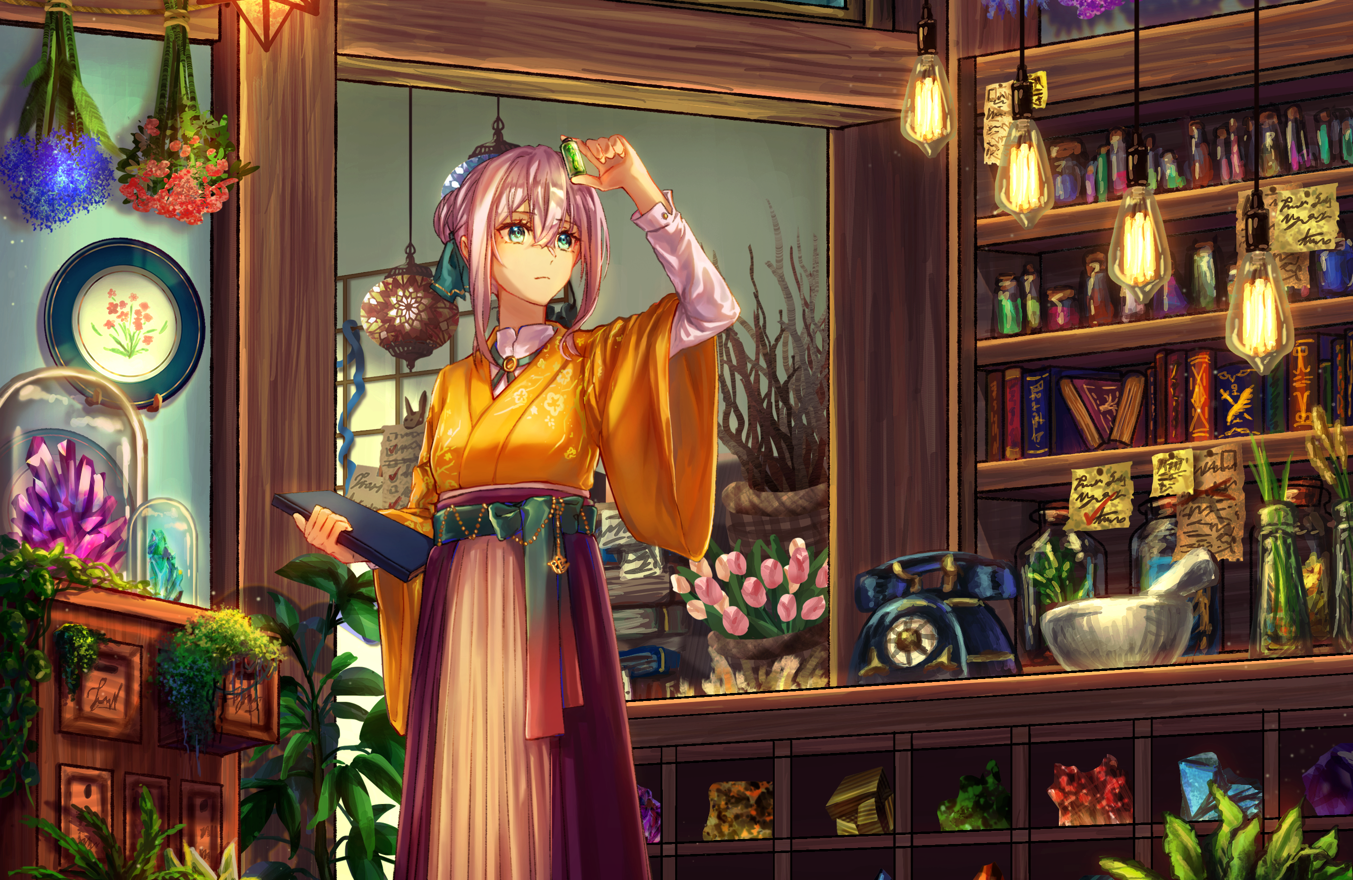 Girl in a magical shop with potions and crystals HD Wallpaper