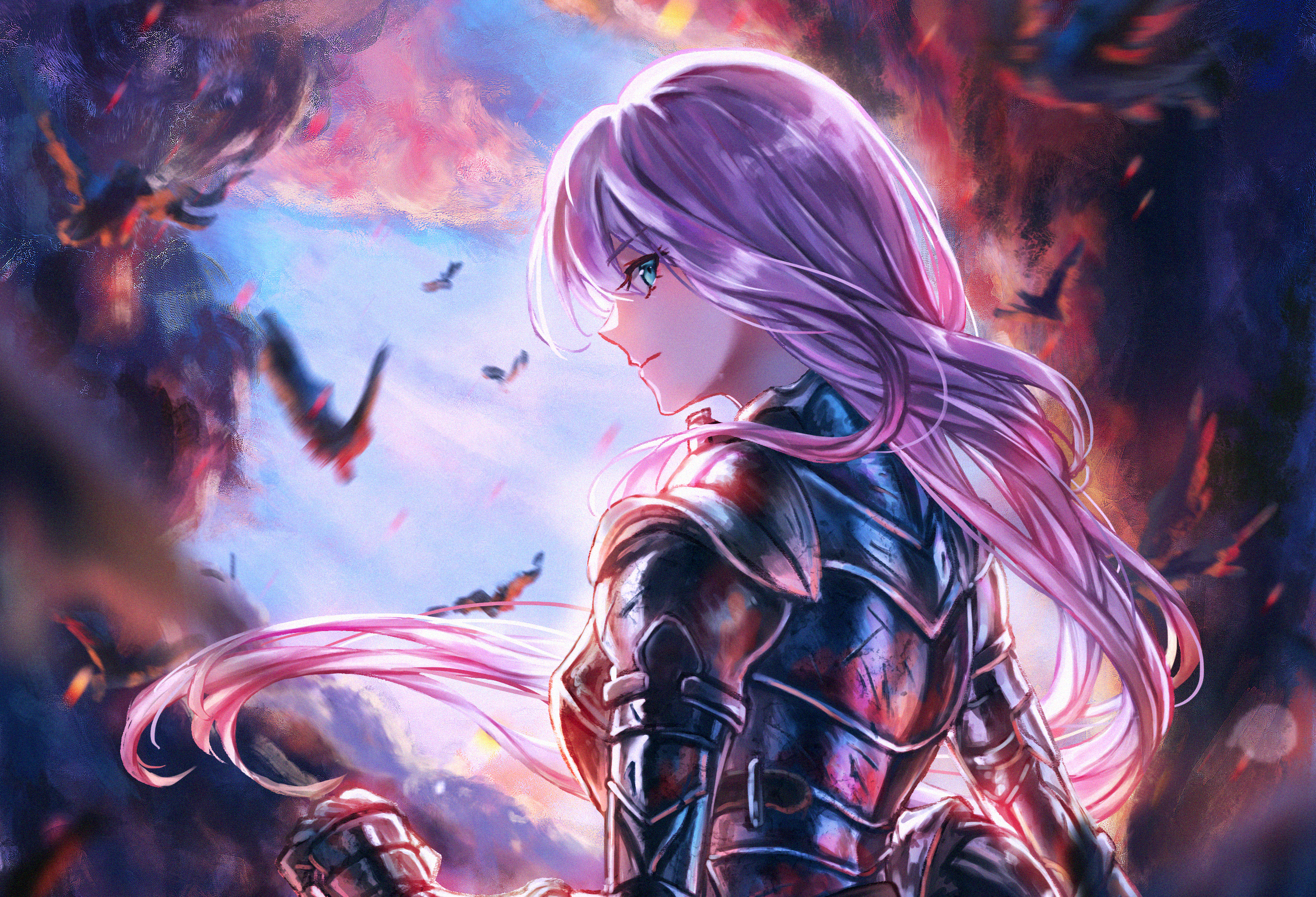 Girl in armor with pink hair and birds HD Wallpaper