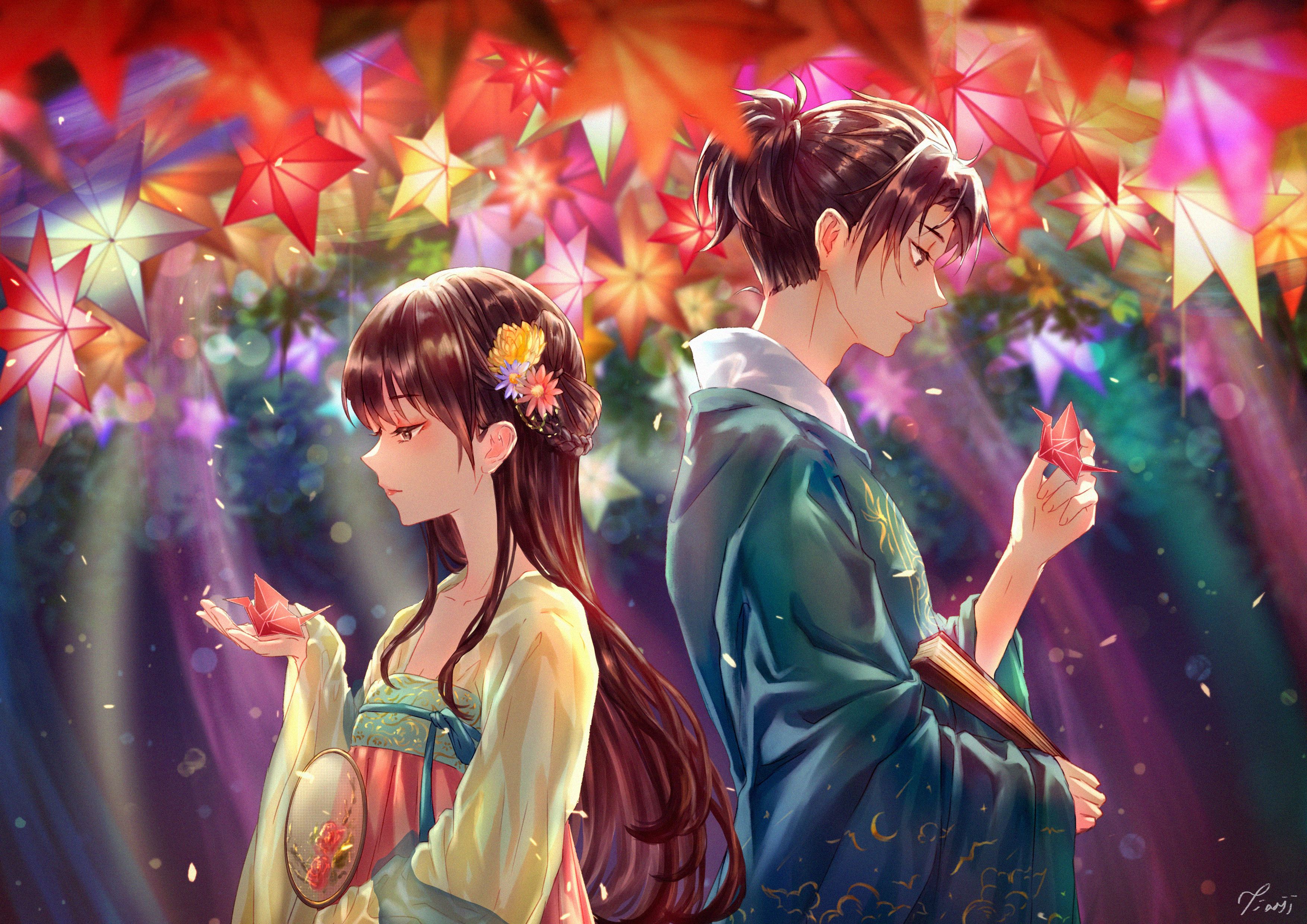 Couple with origami cranes under star lanterns HD Wallpaper