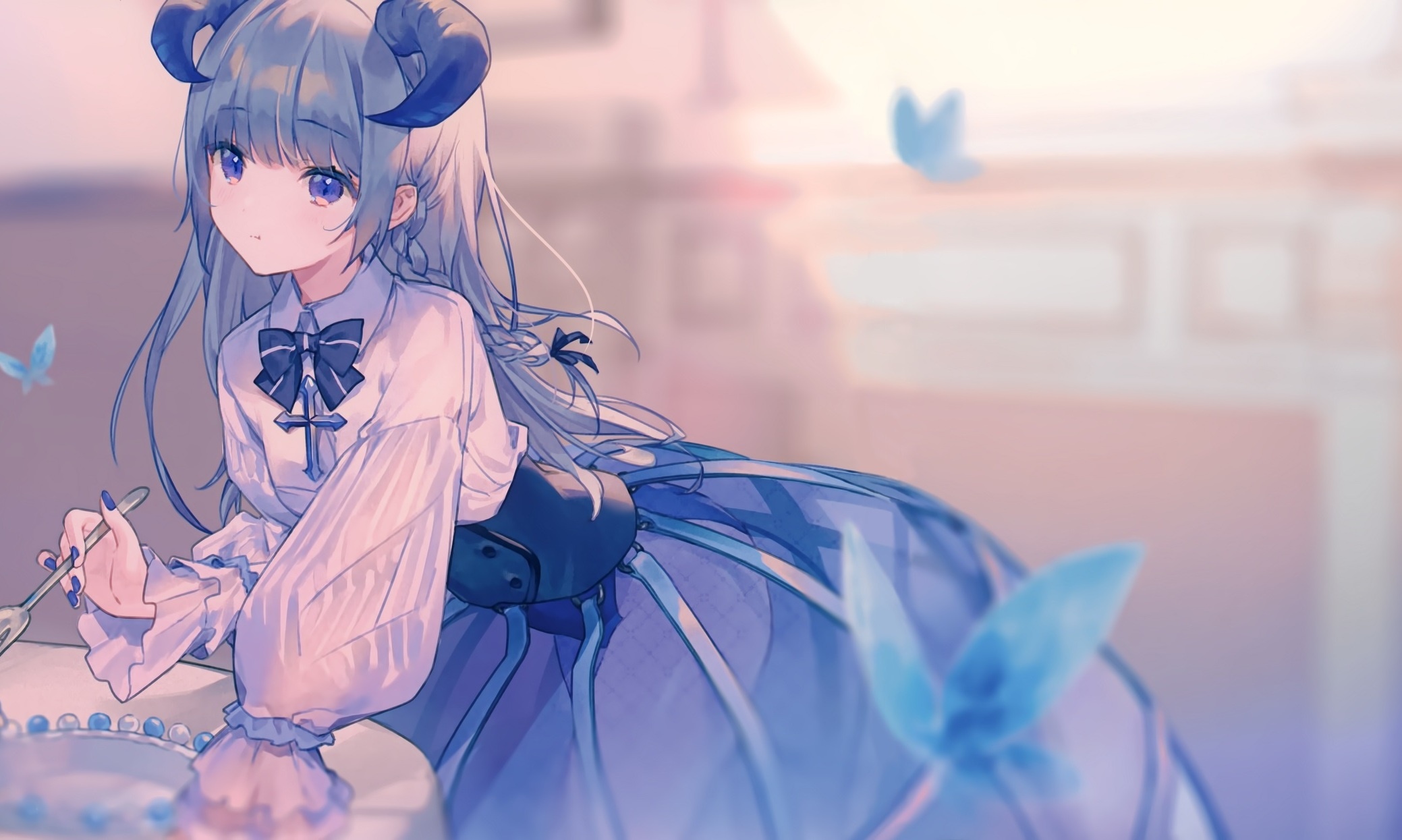 Anime girl with horns and blue dress HD Wallpaper