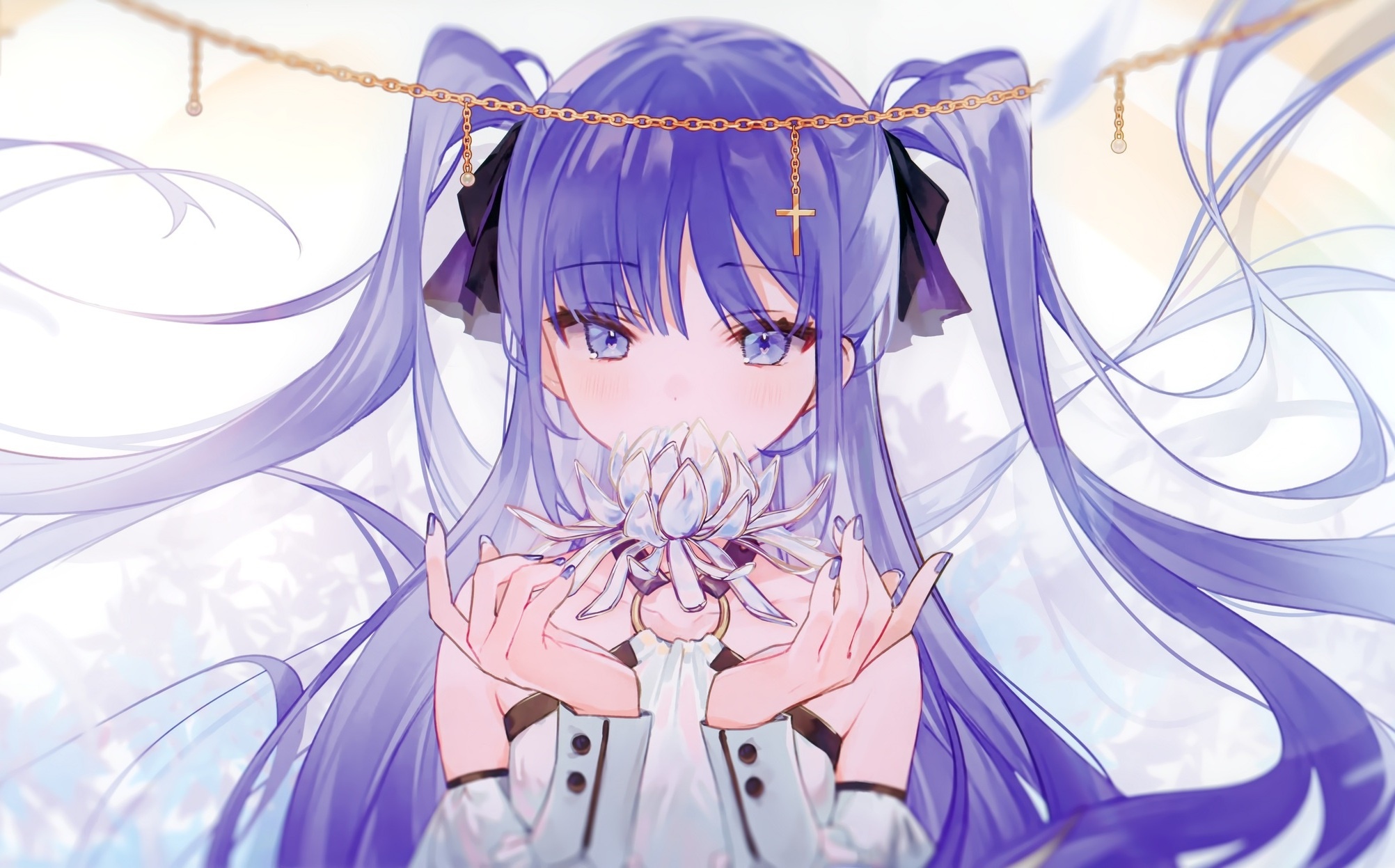 Girl with purple hair holding a white flower HD Wallpaper