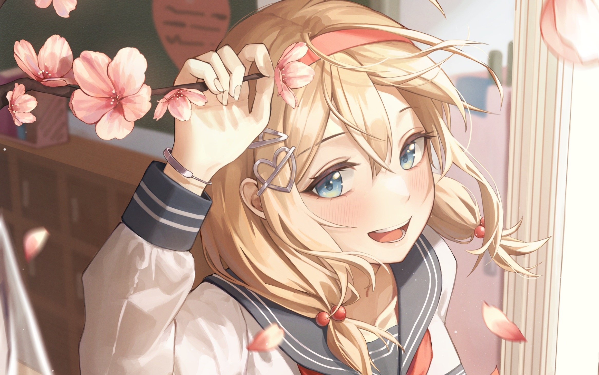 Anime girl with blonde hair holding cherry blossoms HD Wallpaper