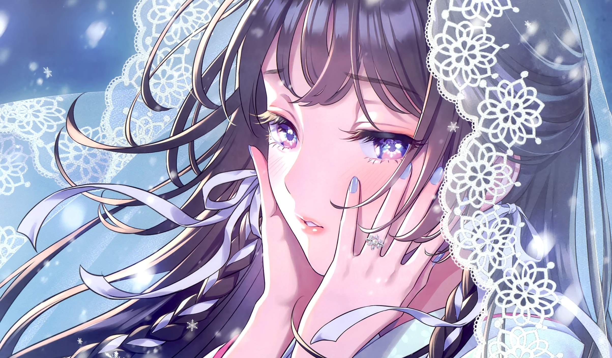 Anime Girl with Veil and Snowflakes HD Wallpaper