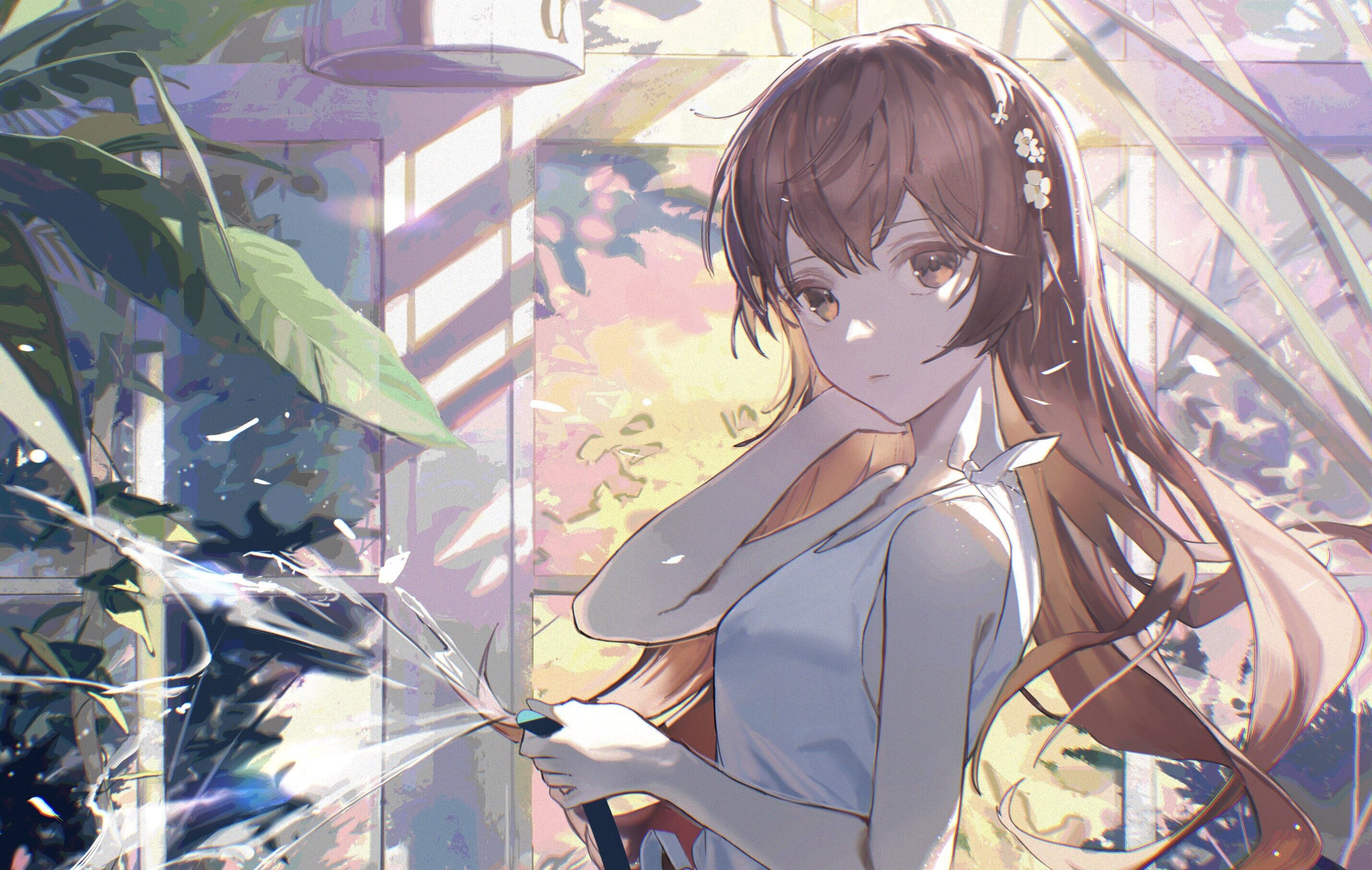 Girl watering plants in a sunlit room HD Wallpaper