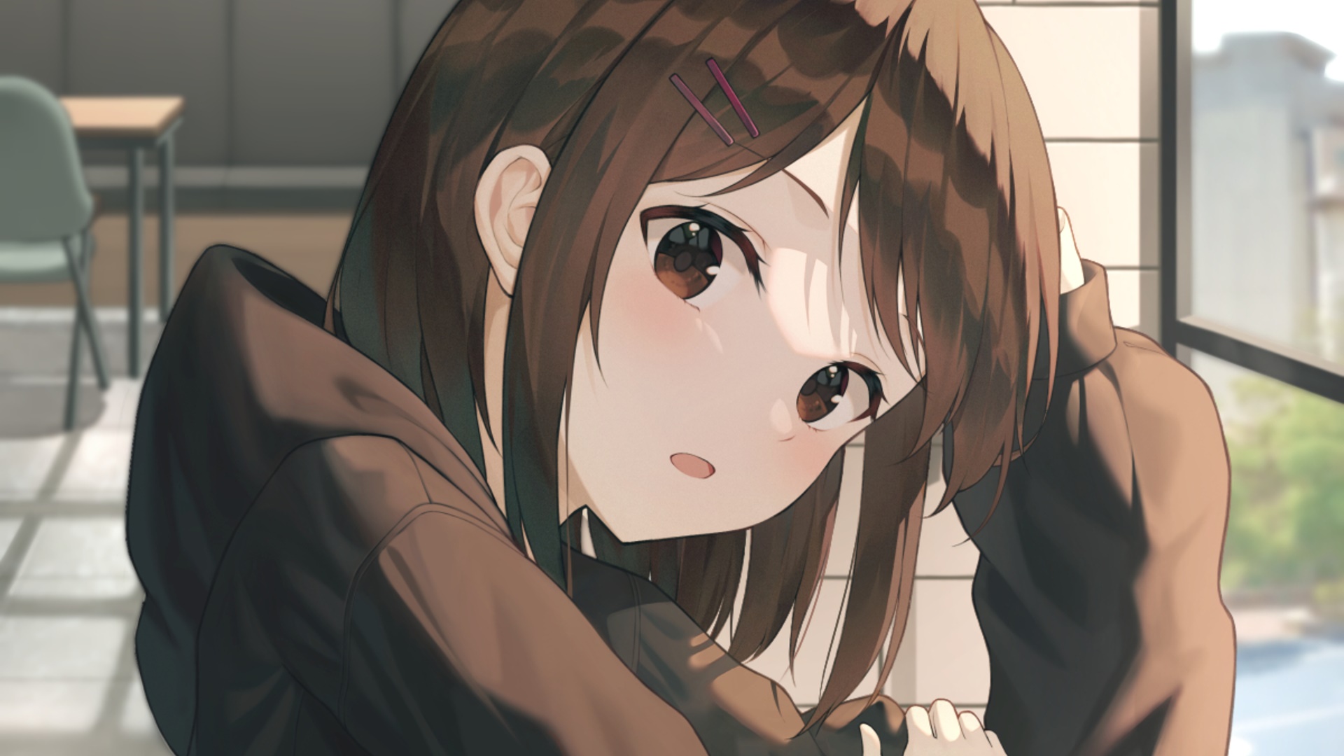 Girl with brown hair wearing a hoodie HD Wallpaper