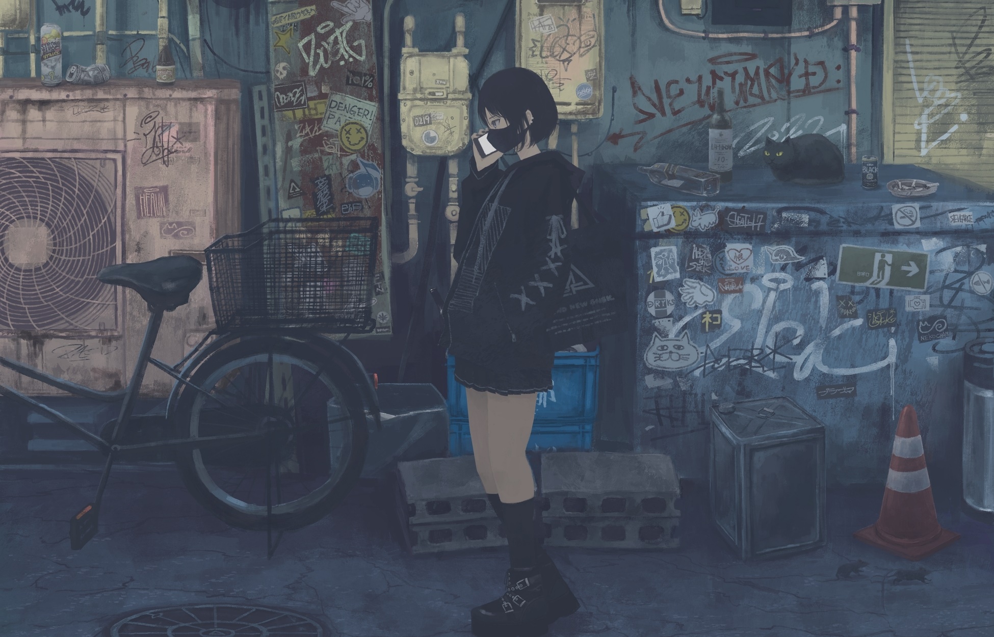 Girl with black hair and mask on phone HD Wallpaper