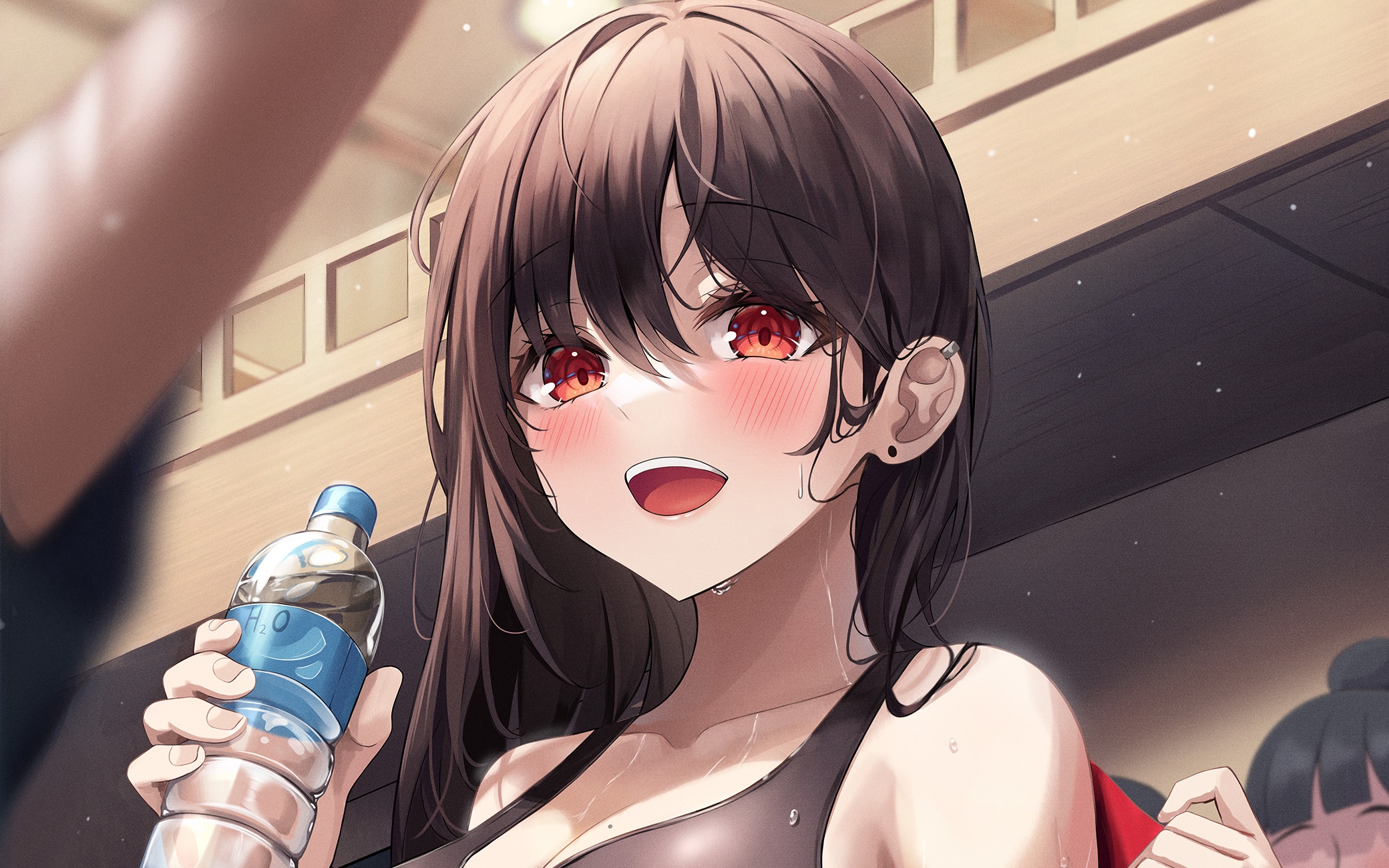 Anime girl holding a water bottle after workout HD Wallpaper