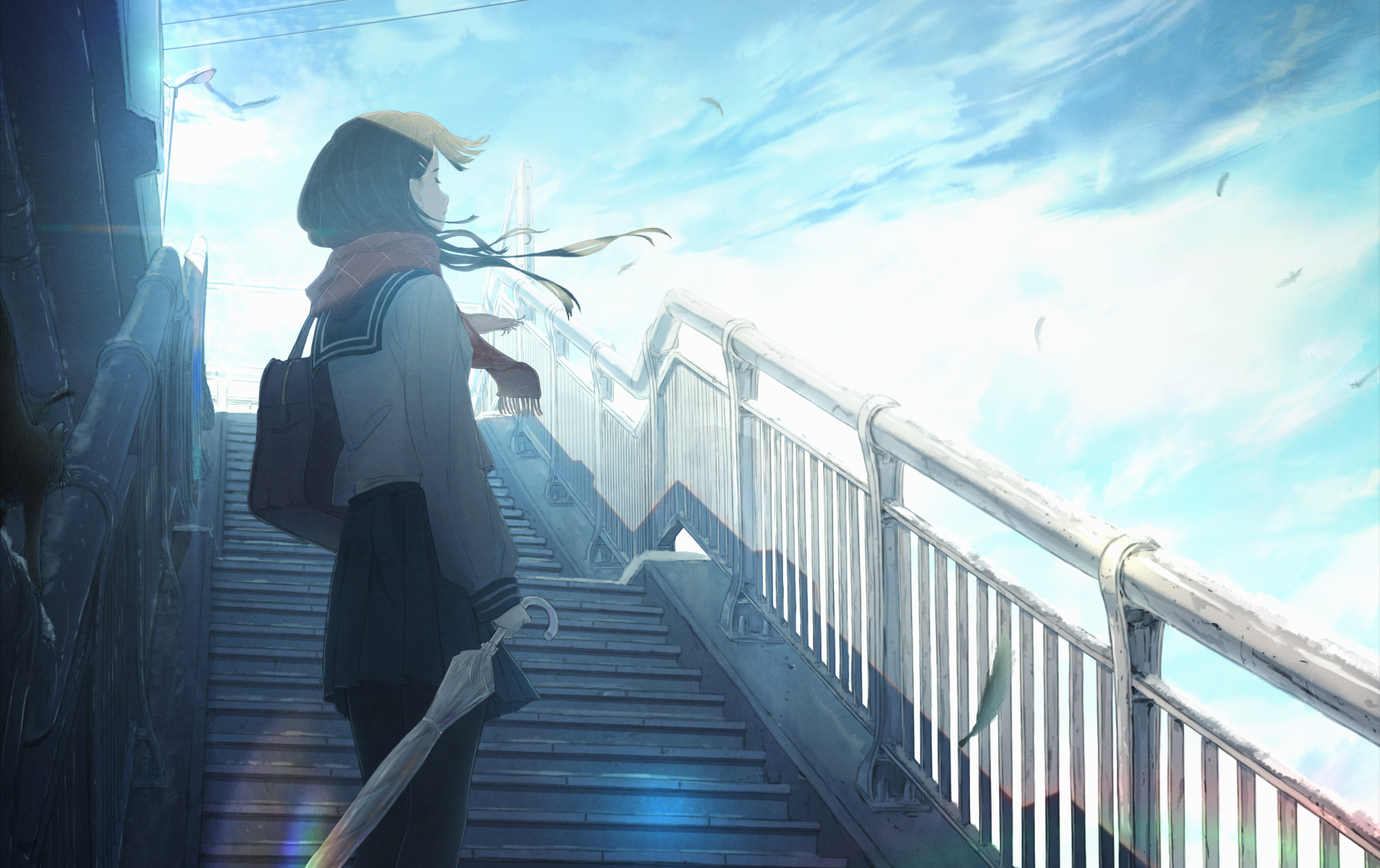 Girl on stairs with umbrella HD Wallpaper