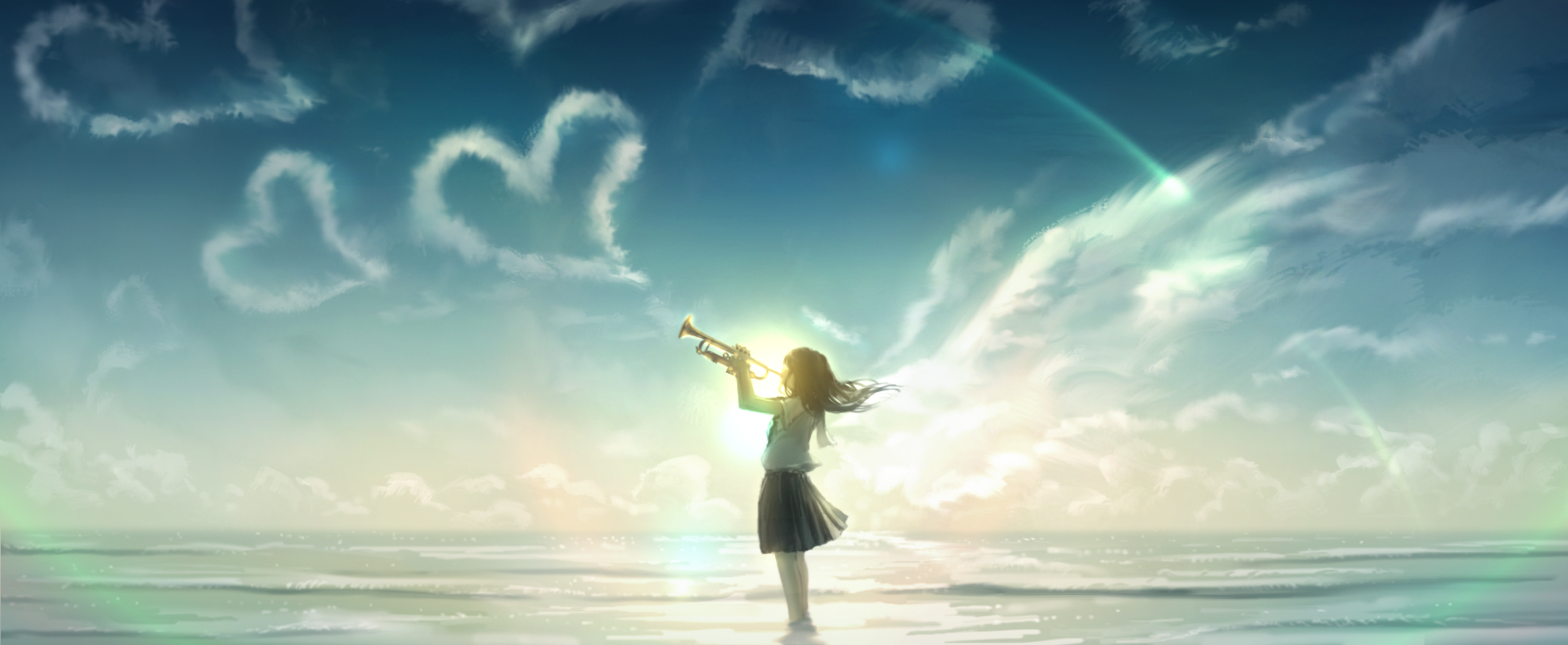 Girl playing trumpet with heart clouds HD Wallpaper