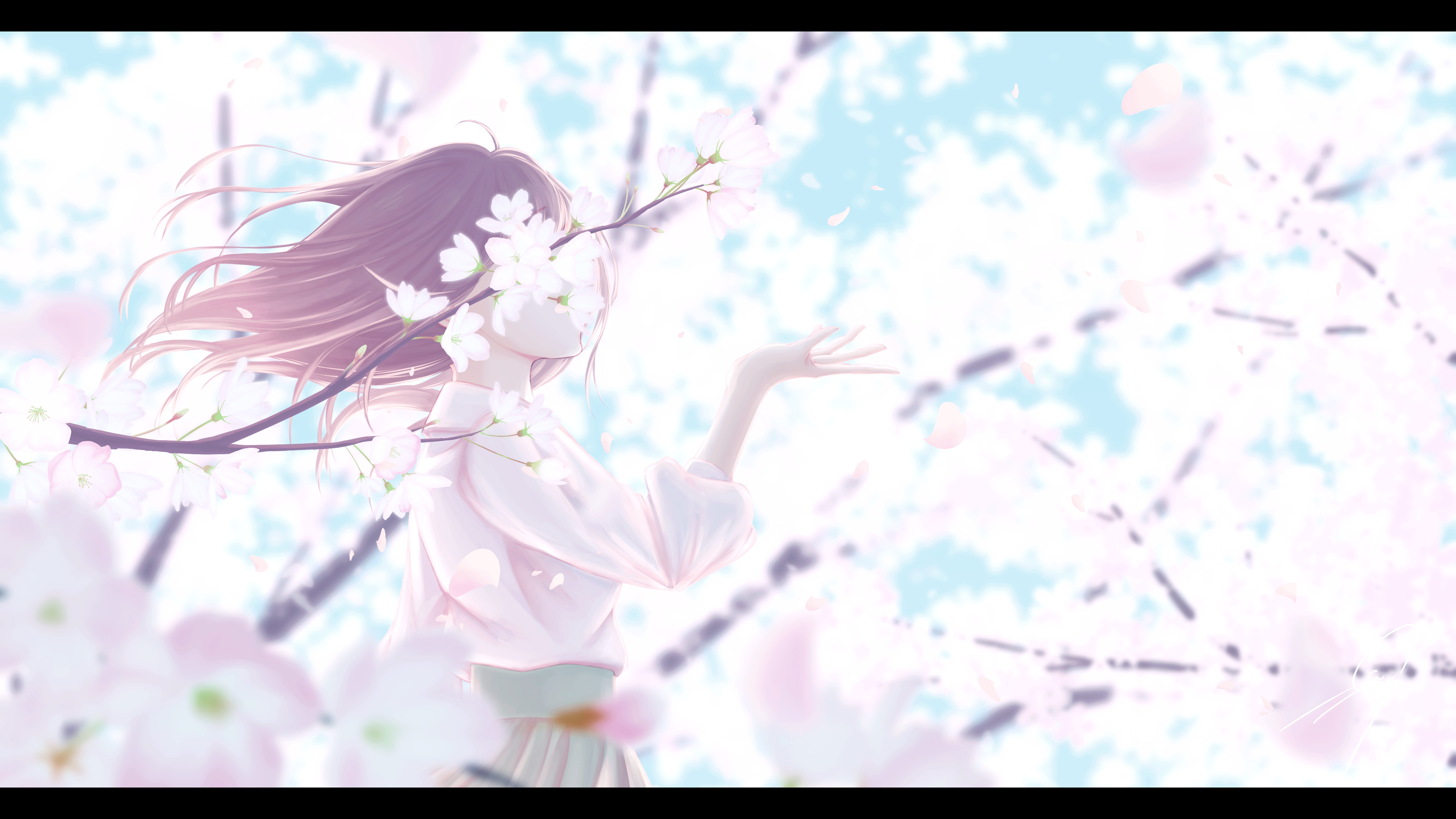Girl among cherry blossoms 4K HD Wallpaper