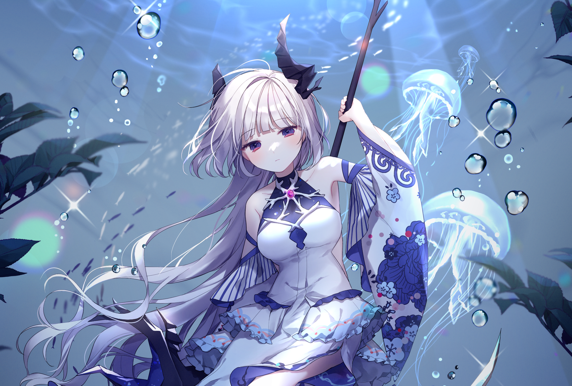 Anime girl with white hair underwater with jellyfish HD Wallpaper