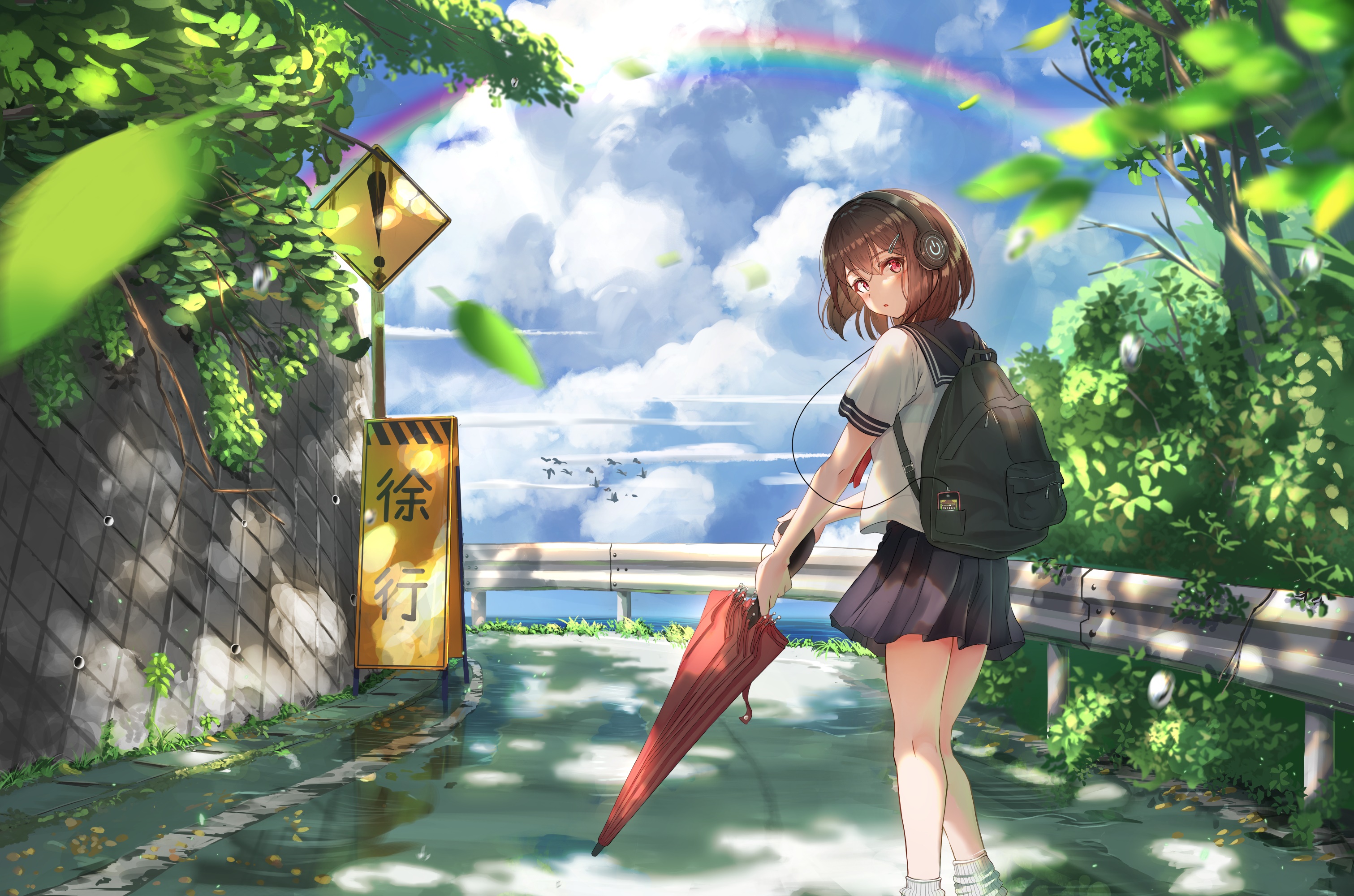Girl with backpack and umbrella on a rainy day HD Wallpaper