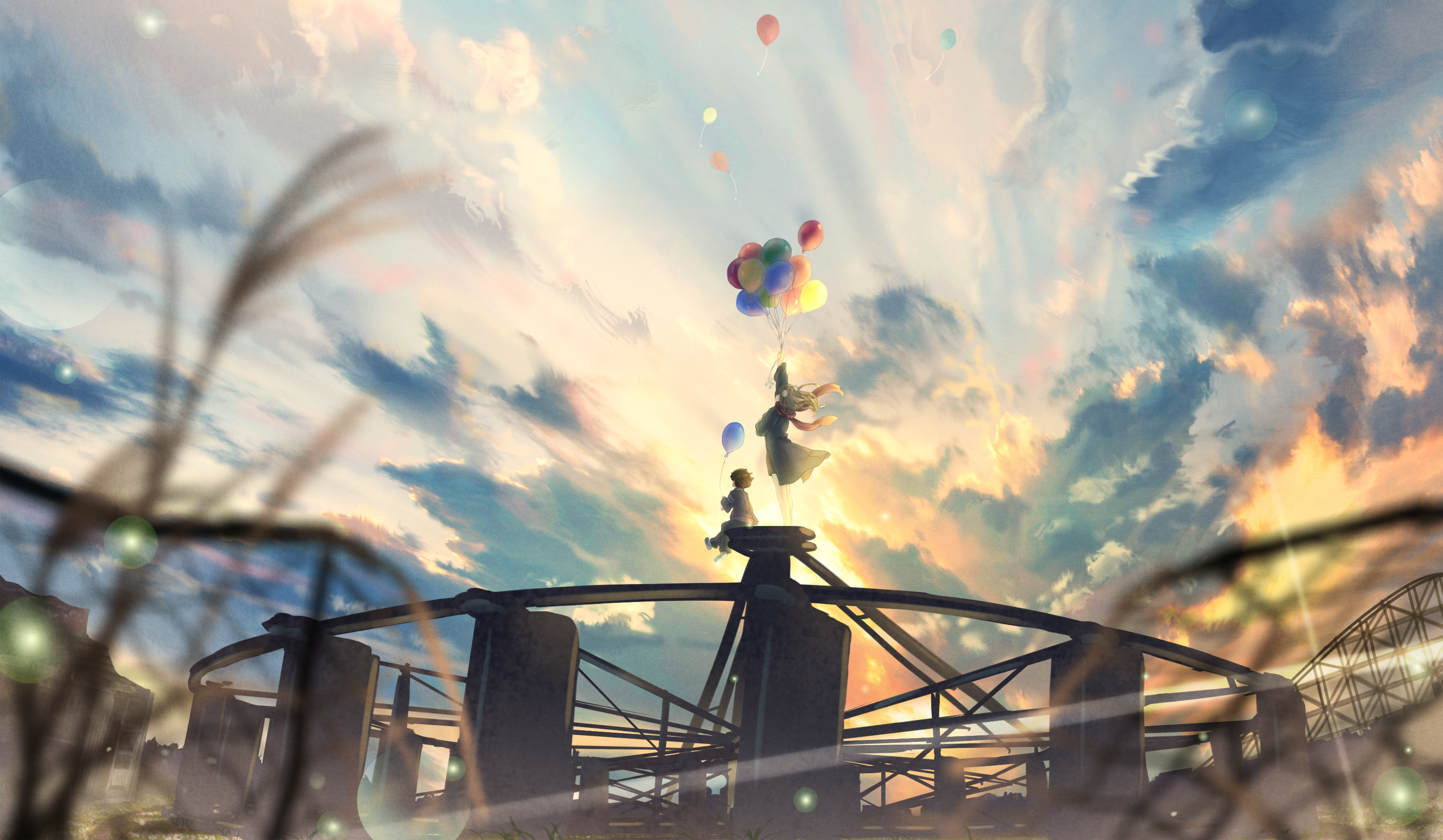 Two children with balloons on a carousel at sunset HD Wallpaper