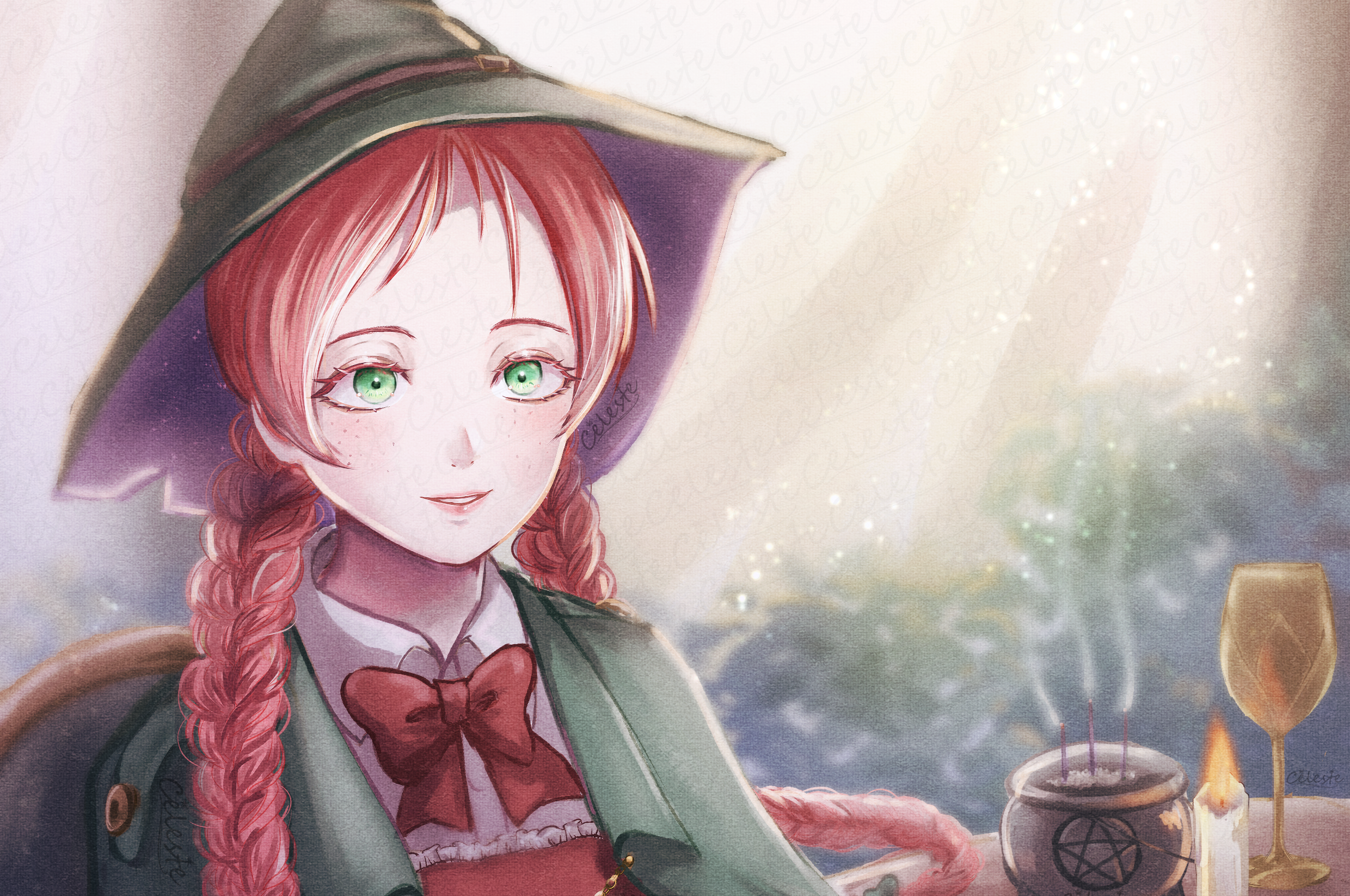 Girl with red hair and witch hat HD Wallpaper