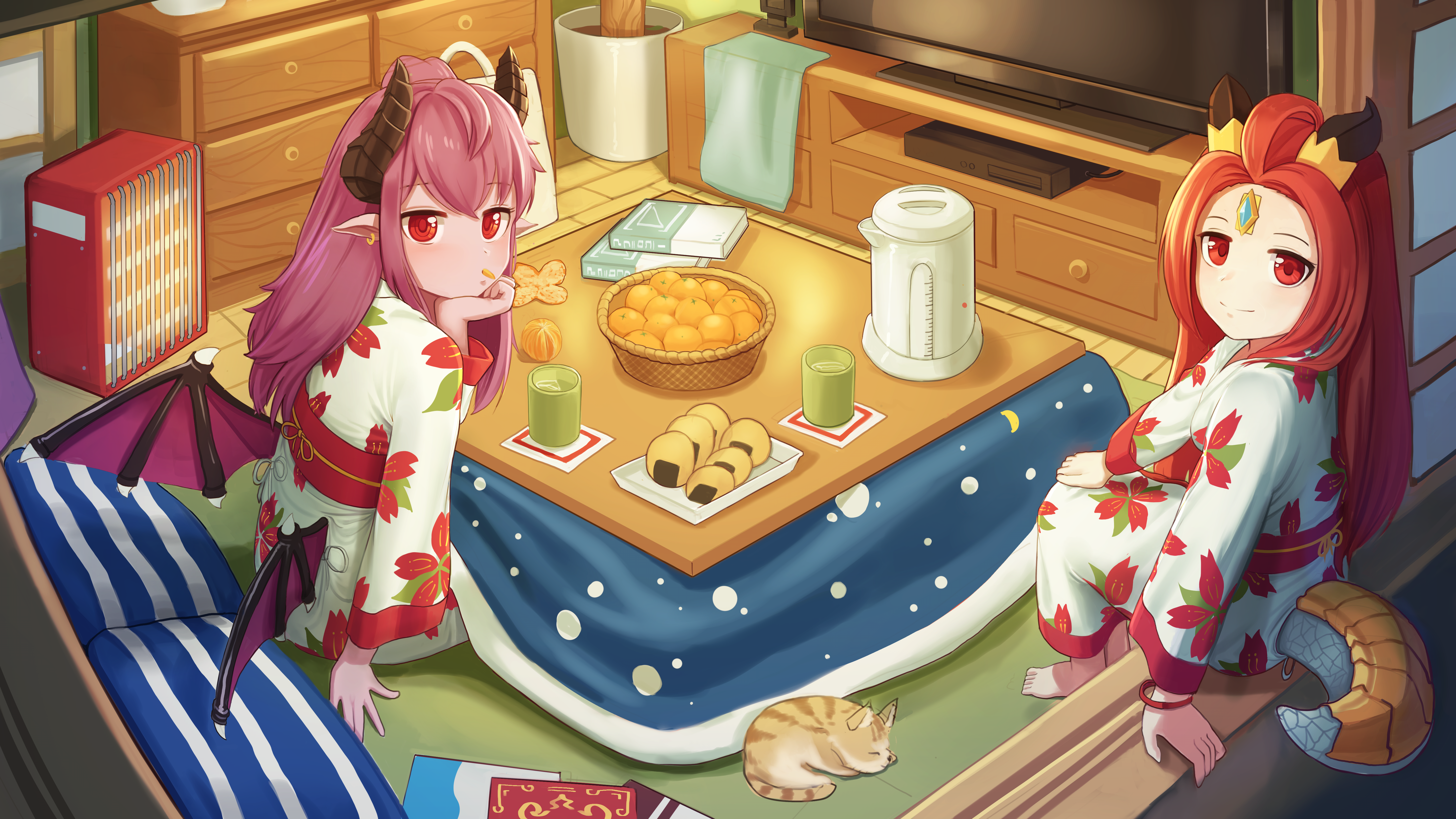 Two girls in kimonos by a kotatsu with snacks HD Wallpaper