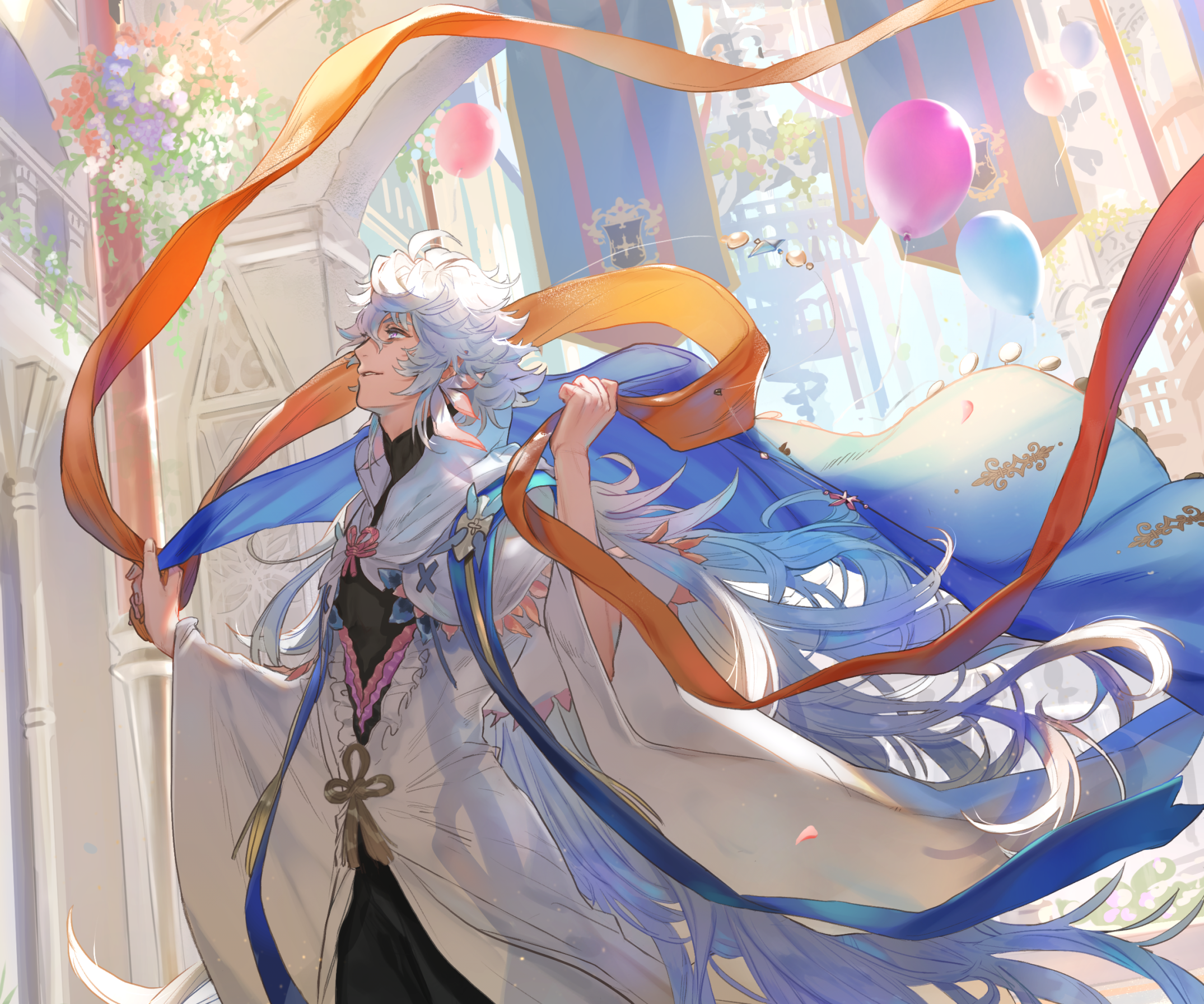 Merlin from Fate/Grand Order with ribbons and balloons HD Wallpaper