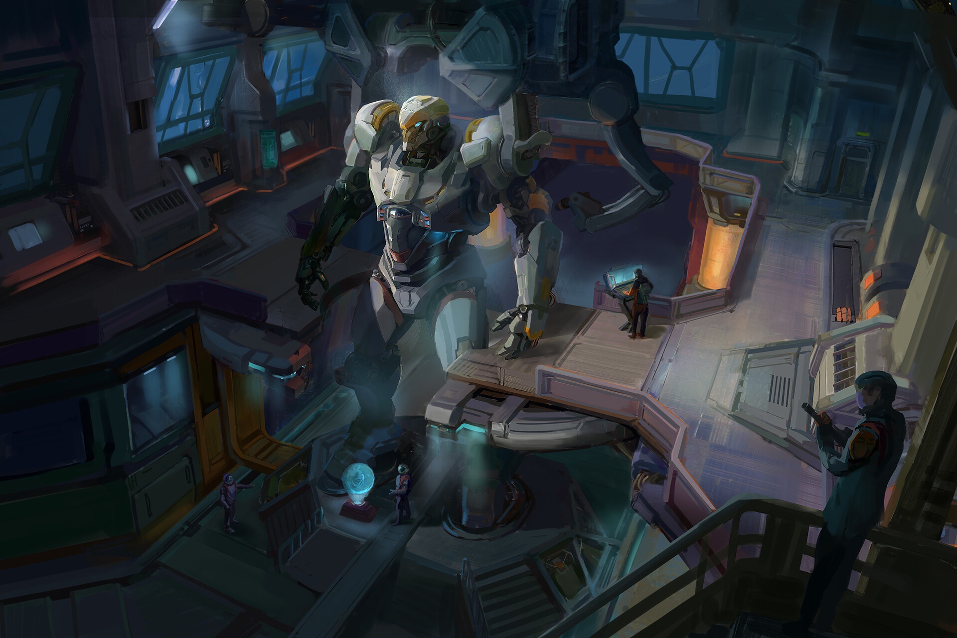 Giant robot in a futuristic hangar with personnel HD Wallpaper