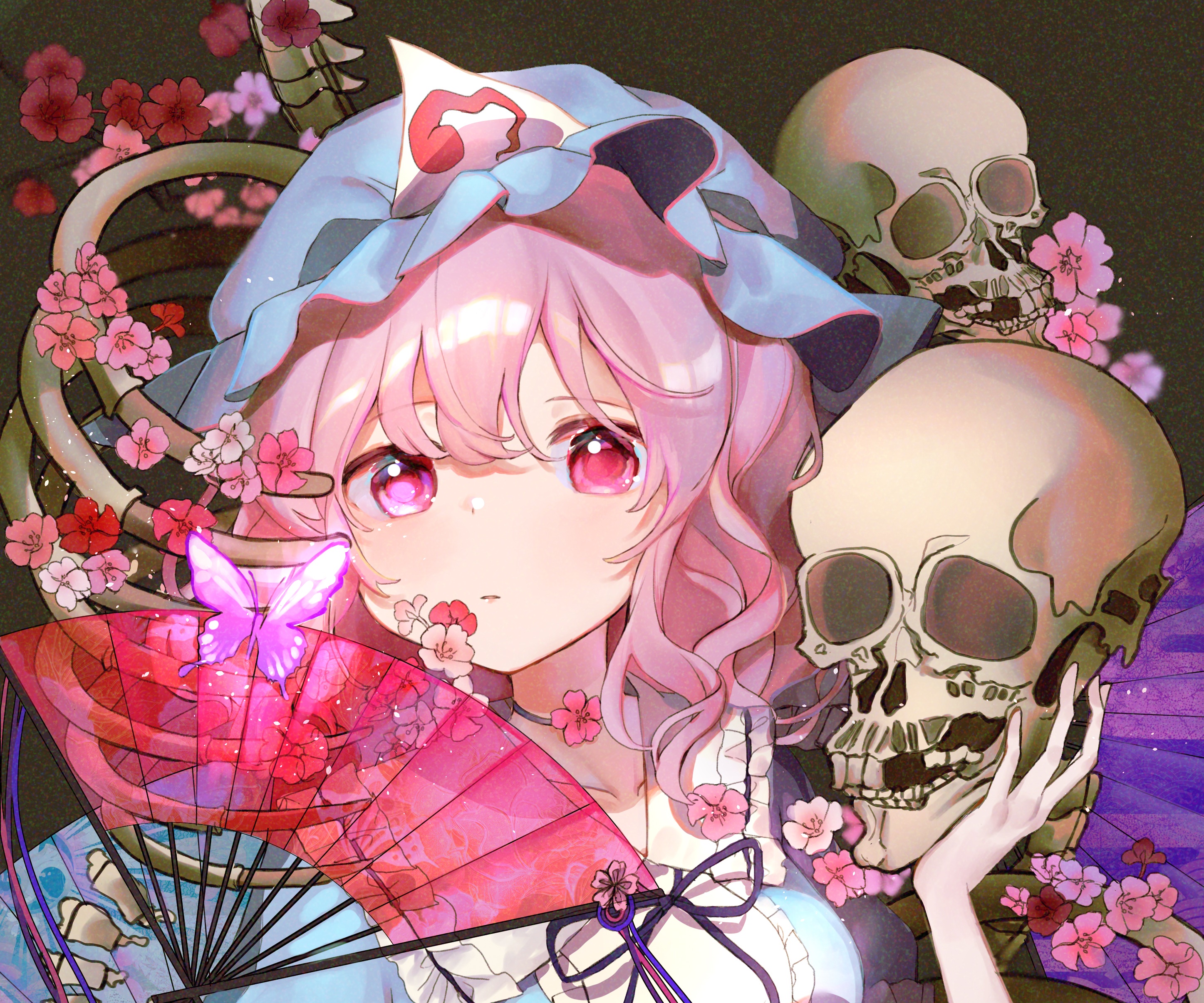 Yuyuko Saigyouji from Touhou with Skeletons and Flowers HD Wallpaper