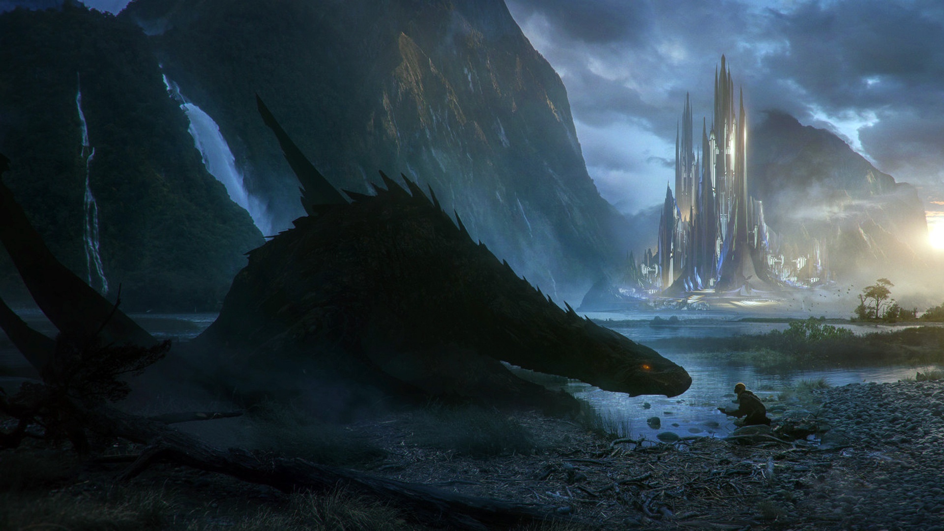 Dragon and person by river with futuristic city HD Wallpaper
