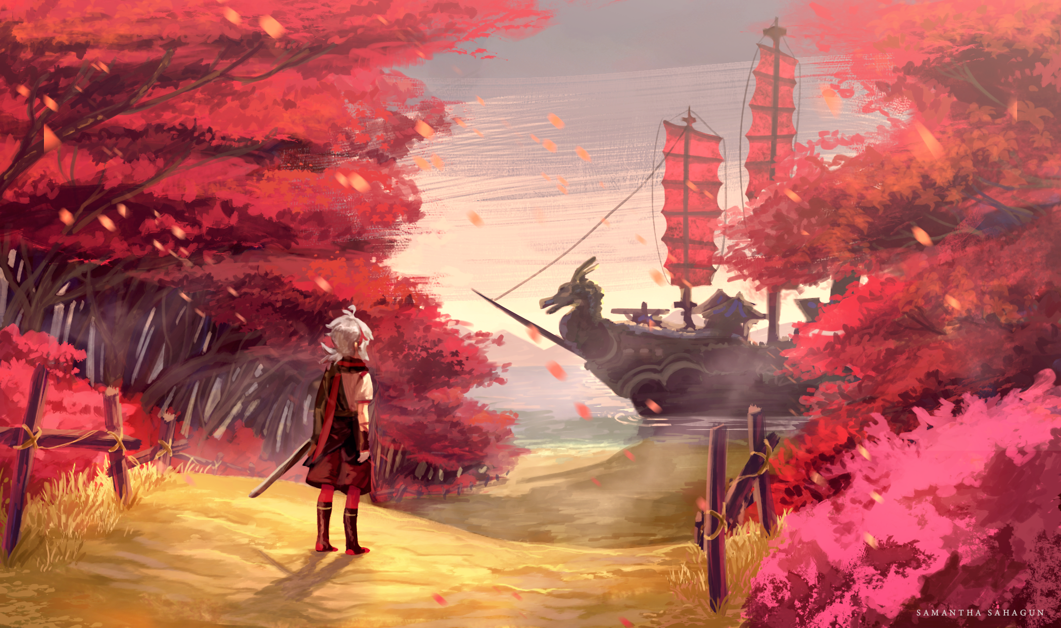 Kaedehara Kazuha from Genshin Impact with a ship HD Wallpaper